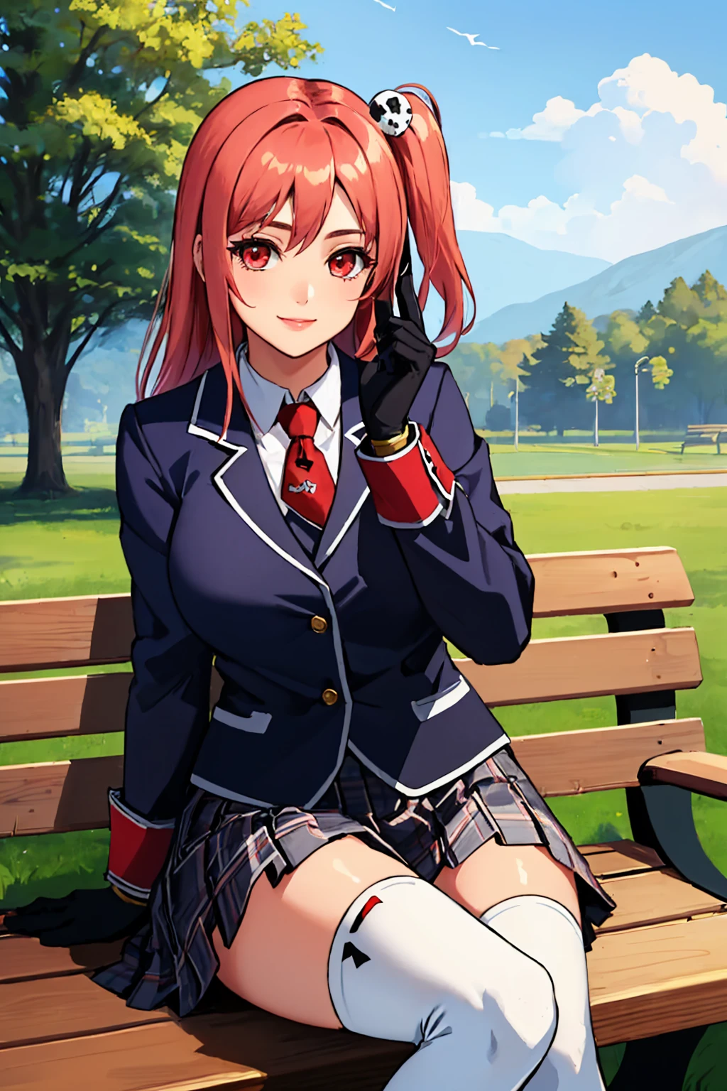 (masterpiece, best quality:1.2), solo, 1girl, honoka, smile, looking at viewer, sitting, bench, one side up, skull hair ornament, school uniform, jacket, necktie, single glove, black gloves, plaid skirt, white thighhighs, outdoors <lora:doa_honoka-10:1>