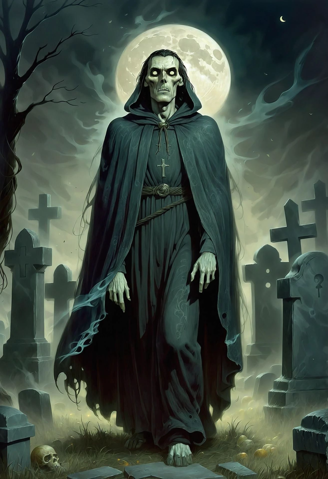 a tall, gaunt figure cloaked in shadows looms in a moonlit graveyard. his cloak seems to be woven from the night itself, trailing edges dissolving into smoke. around him, gravestones lean and crumble, and a faint, eerie glow emanates from the ground, suggesting the presence of restless spirits.