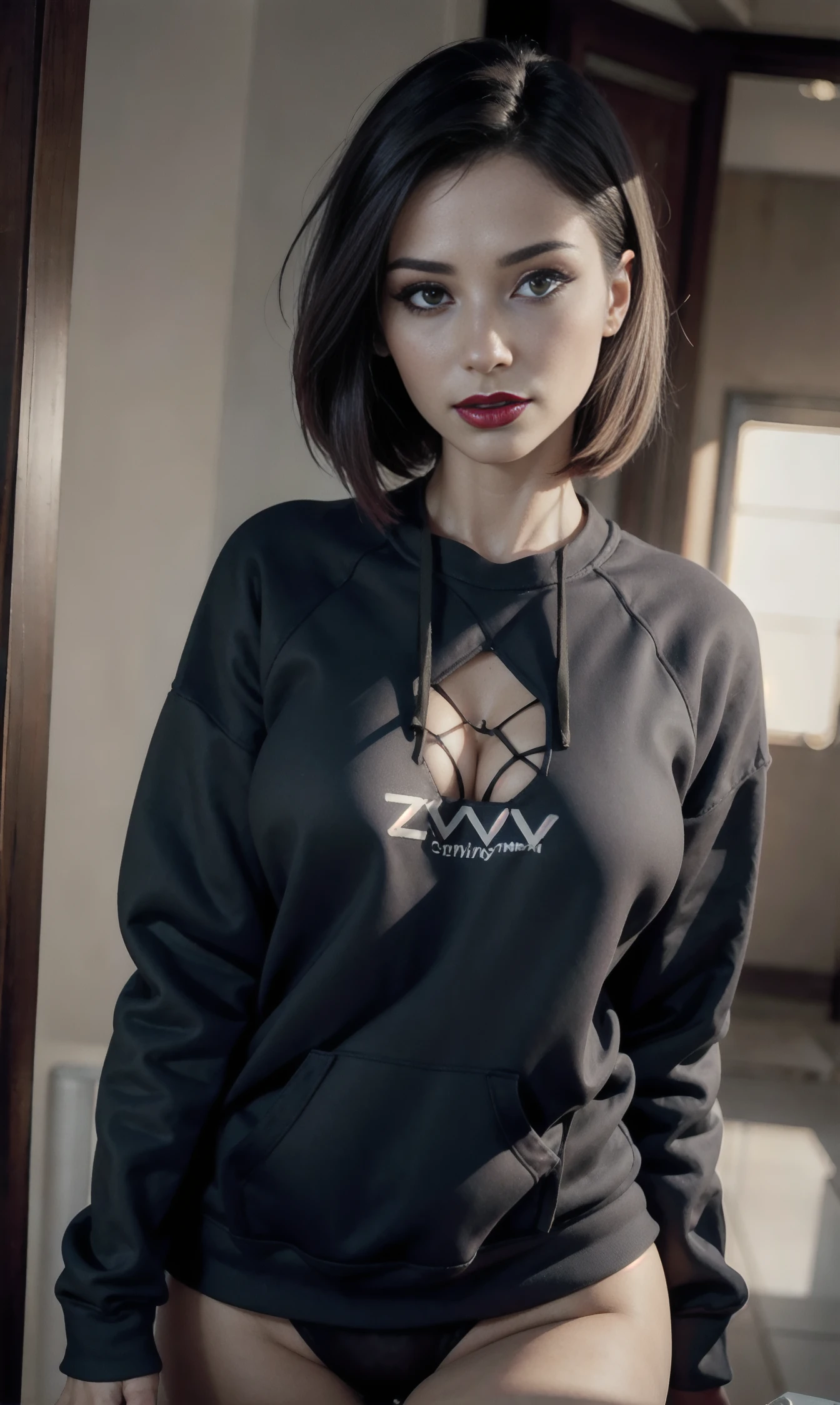 high resolution cinematic still, ((photo-realistic)), (close-up) masterpiece, high resolution, RAW, (hotgirl):1.4 (goth), (cosmetologist, (red_lipstick):1.2, eye-liner, (eye-shadow):1.2):1.2, Blonde:1.3 (choppy bob):1.1 hair, attractive, beautiful, askew:1.2 ((sexually suggestive):1.3 smile), alluring:1.3 eyes, pretty teeth, ((loosened):1.4 (sweatshirt):1.3), (plunging):1.2, (big boobs):1.2, detailed, professional, 200mm lens, unreal engine, photo-realistic, HD, 8K, soft lighting, lifelike texture, unreal engine, by Steve McCurry
