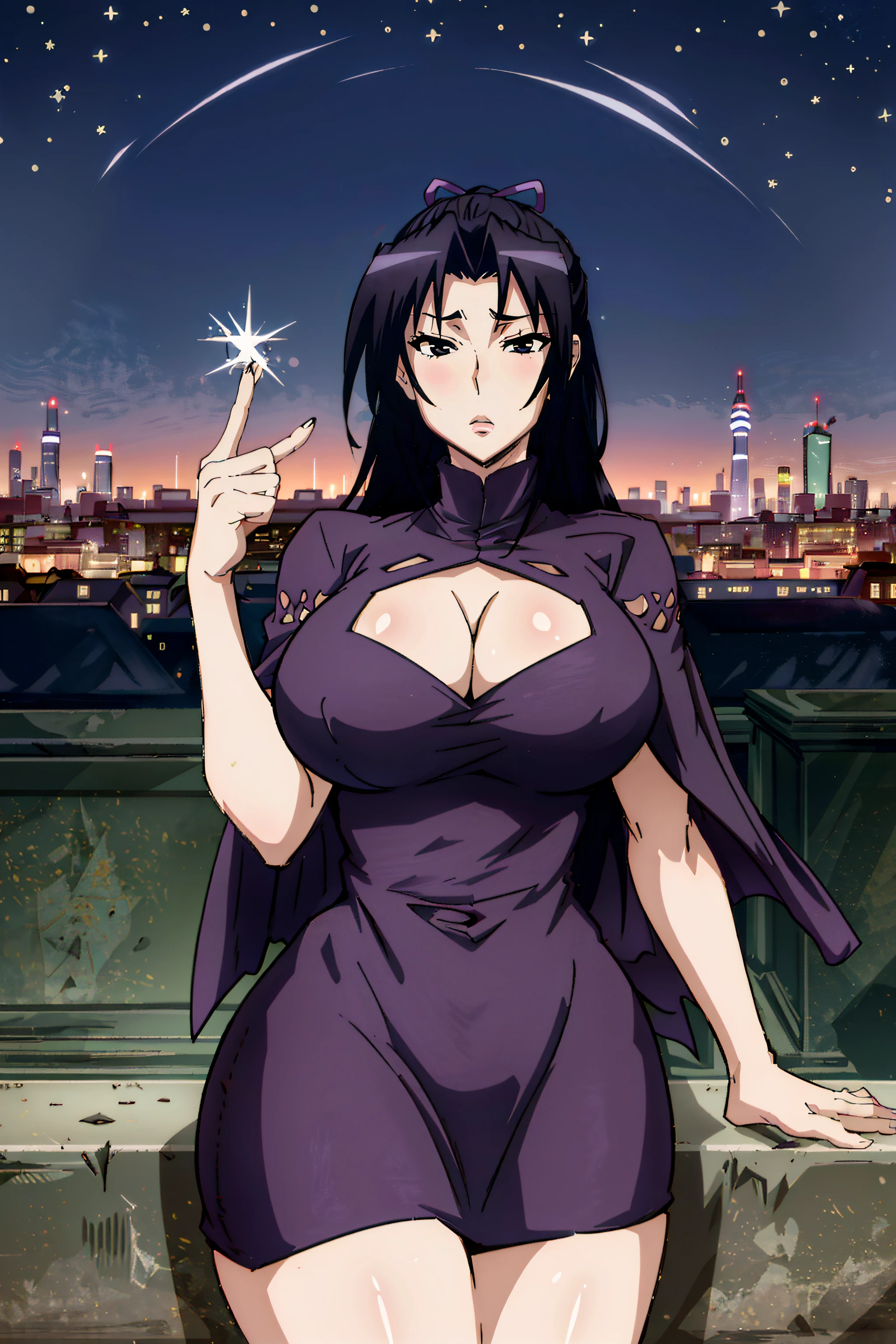 kazehanasd, solo, black hair,  cleavage, large breasts, black eyes,dress, cityscape, night, star \(sky\), 
<lora:kazehana sd-000004:0.8>
