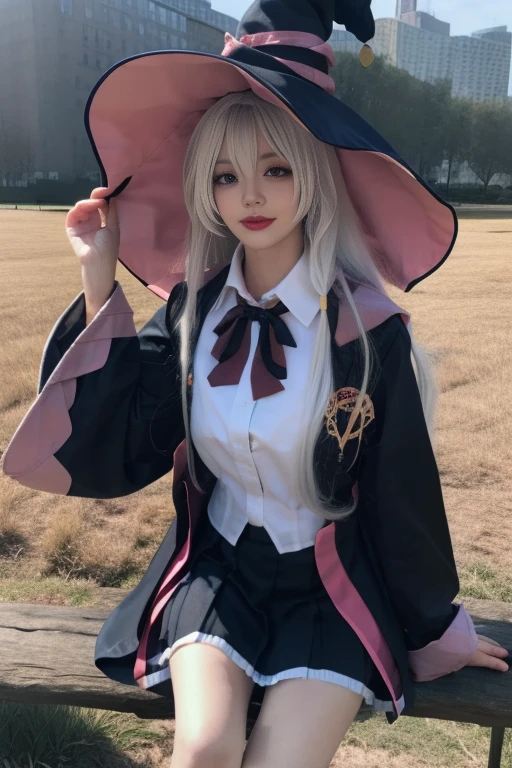 ltra-detailed,highly detailed,best quality,masterpiece,illustration,realistic,photorealistic,
elaina, witch, wizard, elaina \(majo no tabitabi\), cosplay, 1girl, solo, 
open robe, collared shirt, long sleeves, wide sleeves, pleated skirt, witch hat, bowtie, frilled skirt, boots, 
jewelry, badge, 
long hair, bangs, hair between eyes, grey hair, hair ribbon, hair bow, 
looking at viewer, cowboy shot, sitting, 
outdoors, day, river, reeds, wind,
 <lora:elaina_v1_06:0.9>