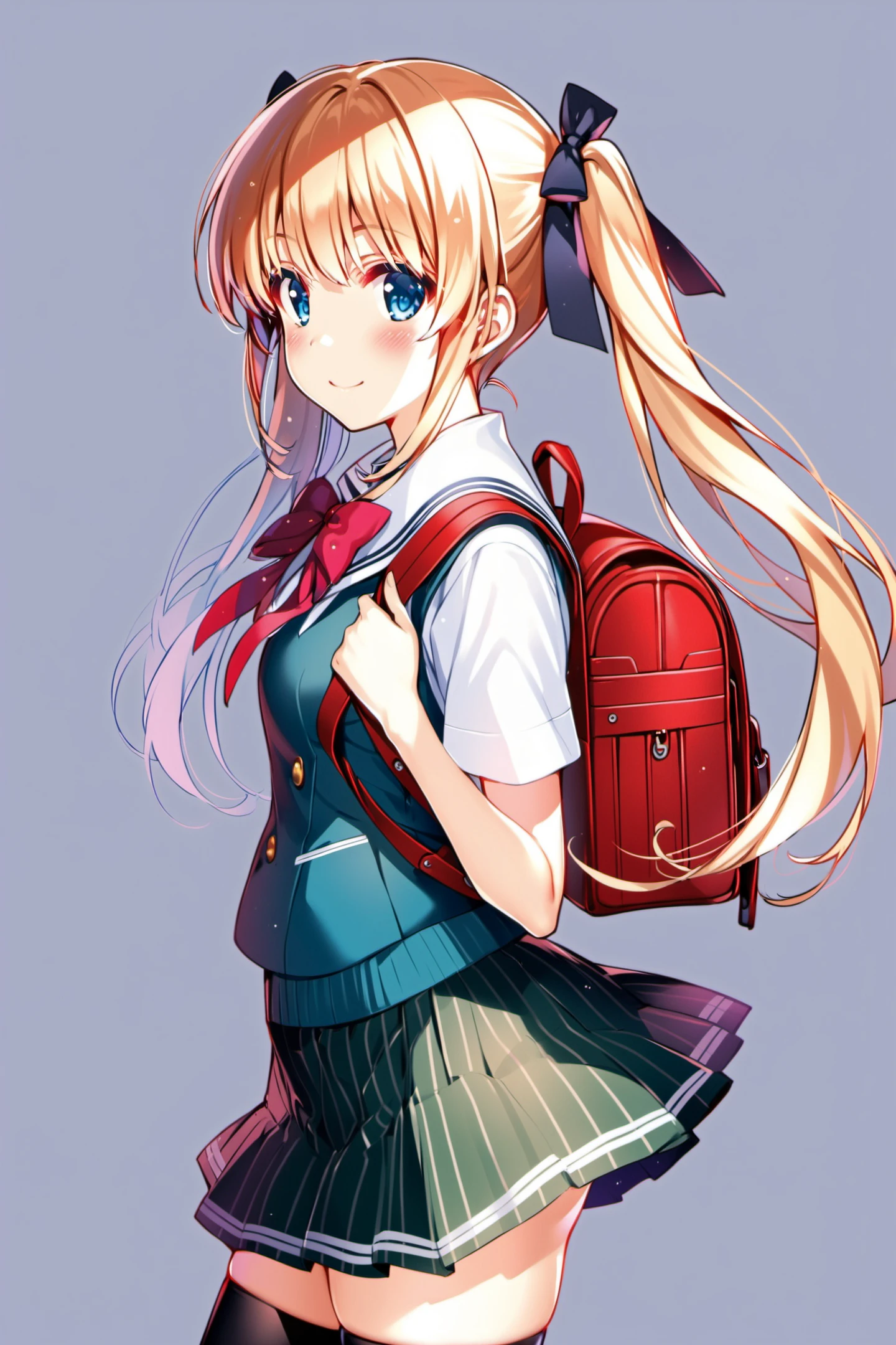 1girl, backpack, solo, bag, thighhighs, randoseru, twintails, skirt, blue eyes, blonde hair, black thighhighs, looking at viewer, smile, zettai ryouiki, white background, blush, hair bow, simple background, bow, ribbon, short sleeves, school uniform, from side, green skirt, cowboy shot, long hair, striped, vertical stripes, holding strap, striped skirt, <lora:Misaki Kurehito_XL:0.8>