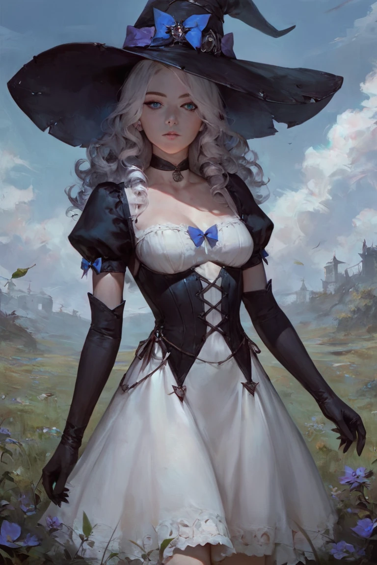 score_9, score_8_up, score_7_up, concept art, realistic, 1girl, witch hat, hat, solo, long hair, flower, dress, choker, puffy sleeves, looking at viewer, grass, white dress, bow, hat bow, white hair, black choker, plant, outdoors, blue eyes, purple eyes, black headwear, bangs, long sleeves, gloves, witch, blue bow, wavy hair, short sleeves, puffy short sleeves, elbow gloves, black gloves, standing, field, grey hair, sky, purple bow, breasts, curly hair, parted lips, expressionless, cowboy shot, closed mouth, leaf <lora:Concept Art Twilight Style SDXL_LoRA_Pony Diffusion V6 XL:1>