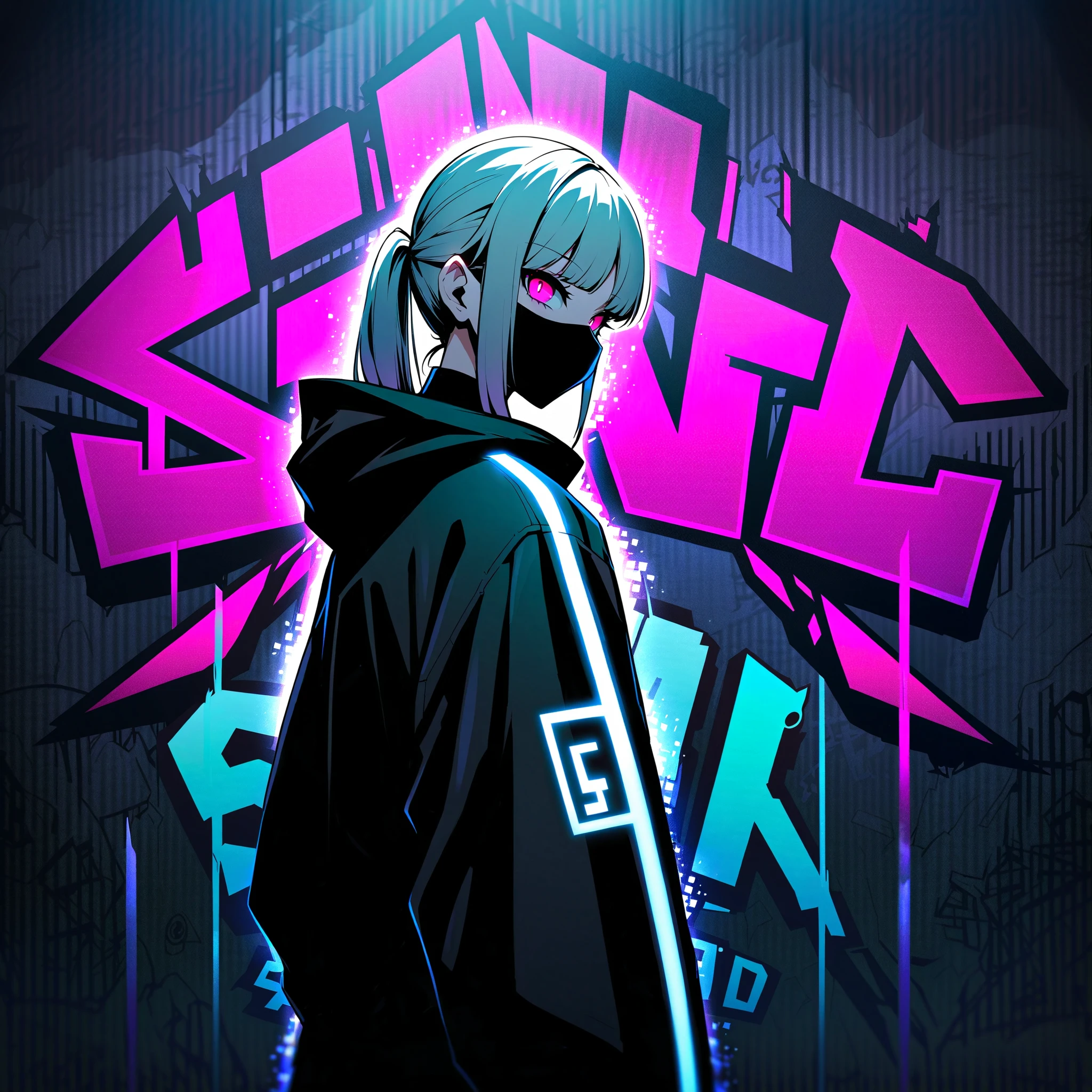 image of a white haired girl with red eyes and a ponytail, night time, wearing a surgical mask, a black jacket, black pants and a choker, facing towards the viewer and she is standing next to a wall full of graffiti, her expression is cool and expressionless, dark theme, neon lights, graffiti, nighttime, city, (surgical mask:1.2), dim lighting, perfect ass, mysterious, mature female, medium breasts