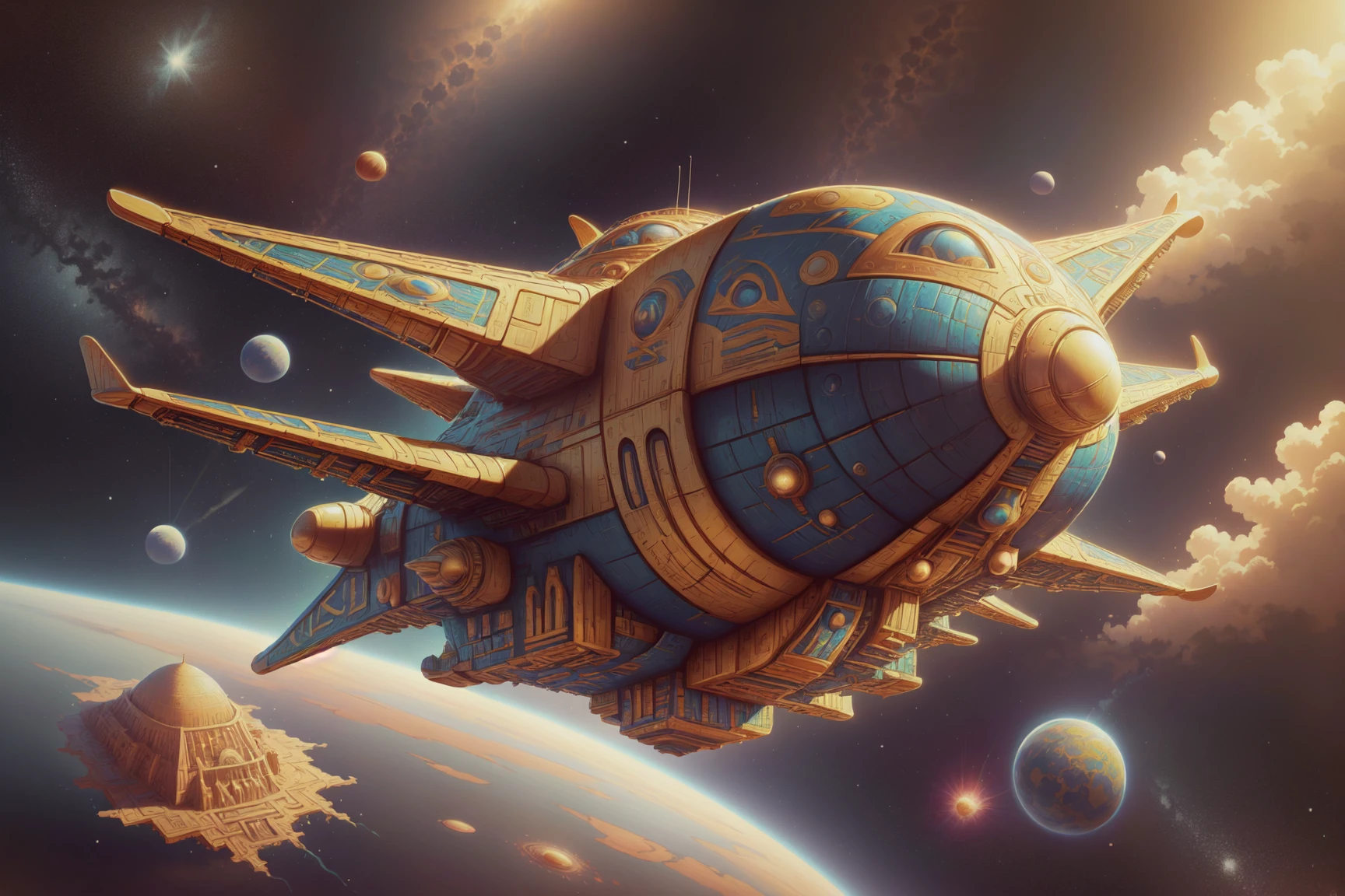 masterpiece, best quality, absurdres, <lora:EgyptianWorld:1> egyptianworld, engravings, spacecraft, flying in space,