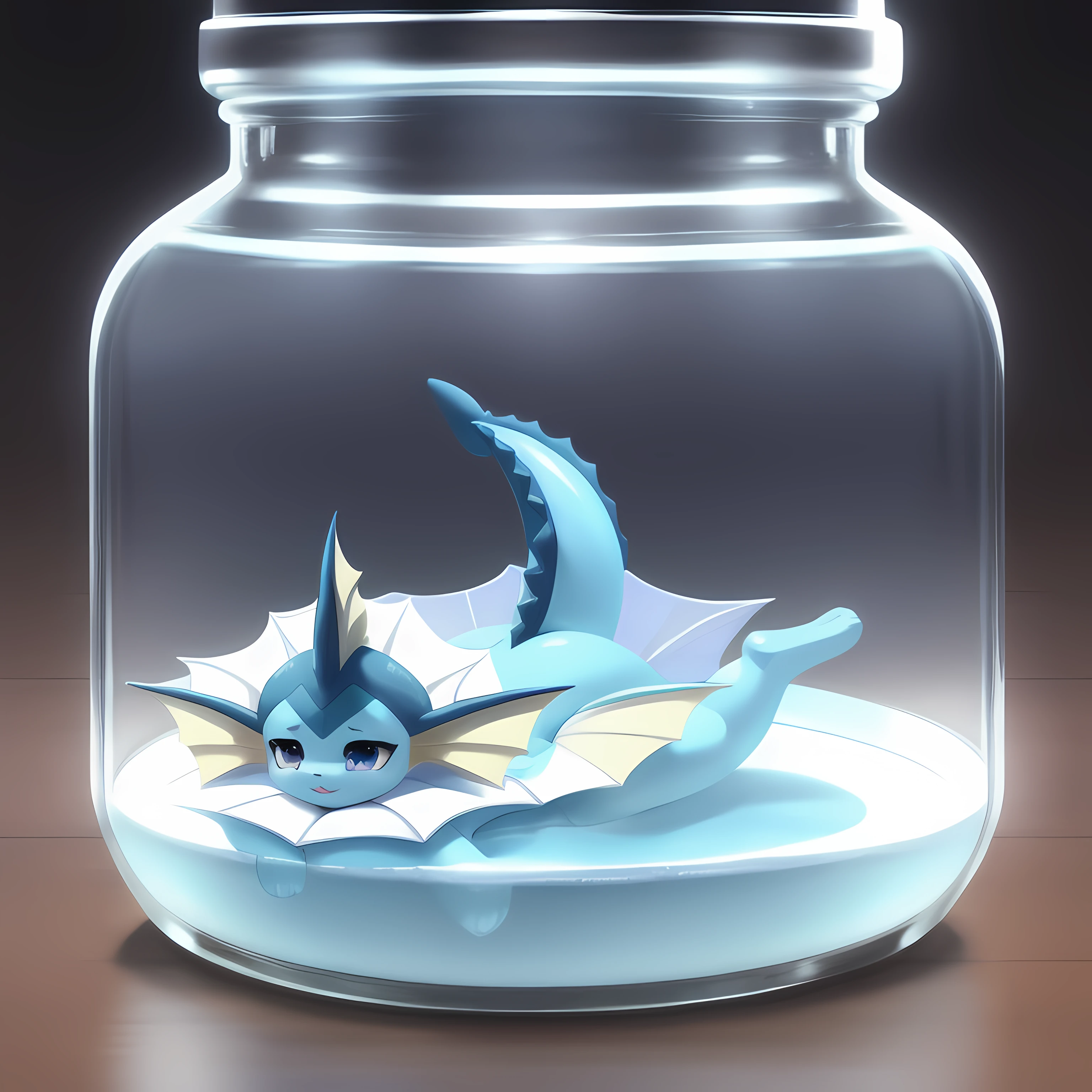 vaporeon, in glass jar, shrunken, siting, <lora:eevee_jar_v2:0.8>