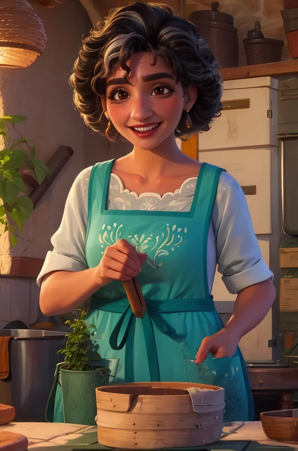 julieta,black hair,streaked hair,short hair,curly hair,brown eyes,
white shirt,apron,teeth,
standing,upper body,smile,
village,fantasy,Alchemy,indoors,
(insanely detailed, masterpiece, best quality),solo,<lora:julietamadrigal-10ECHv8:0.8>,