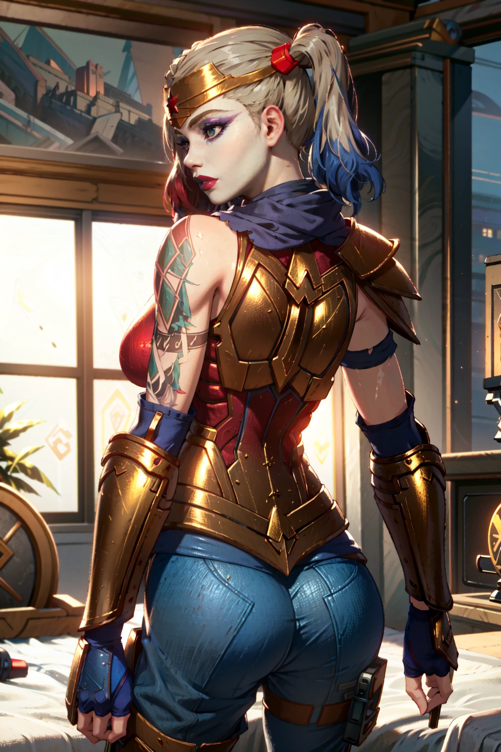 realistic, best quality, 8k uhd, dslr, soft lighting, high quality, <lora:HarleyQuinnSSKTJLv1.1:0.8> harleyquinnssktjlww, from behind, indoors, bedroom, wonder woman armor, tiara, red and gold armor, blue pants, white makeup, twintails, tattoo, makeup, shoulder armor, blue scarf, looking back,