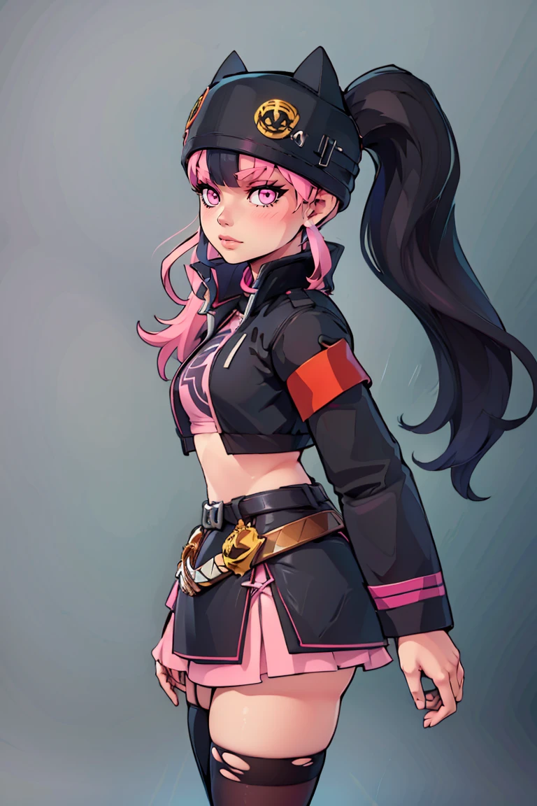 ((masterpiece,best quality)), absurdres, <lora:Zoe_Rayne_Palworld:0.8>, Zoe_Rayne, long hair, skirt, thighhighs, long sleeves, hat, standing, jacket, ponytail, ass, belt, black thighhighs, black skirt, from side, black jacket, crop top, torn clothes, black headwear, thigh strap, single thighhigh, cropped jacket, looking at viewer, pink eyes, torn thighhighs,