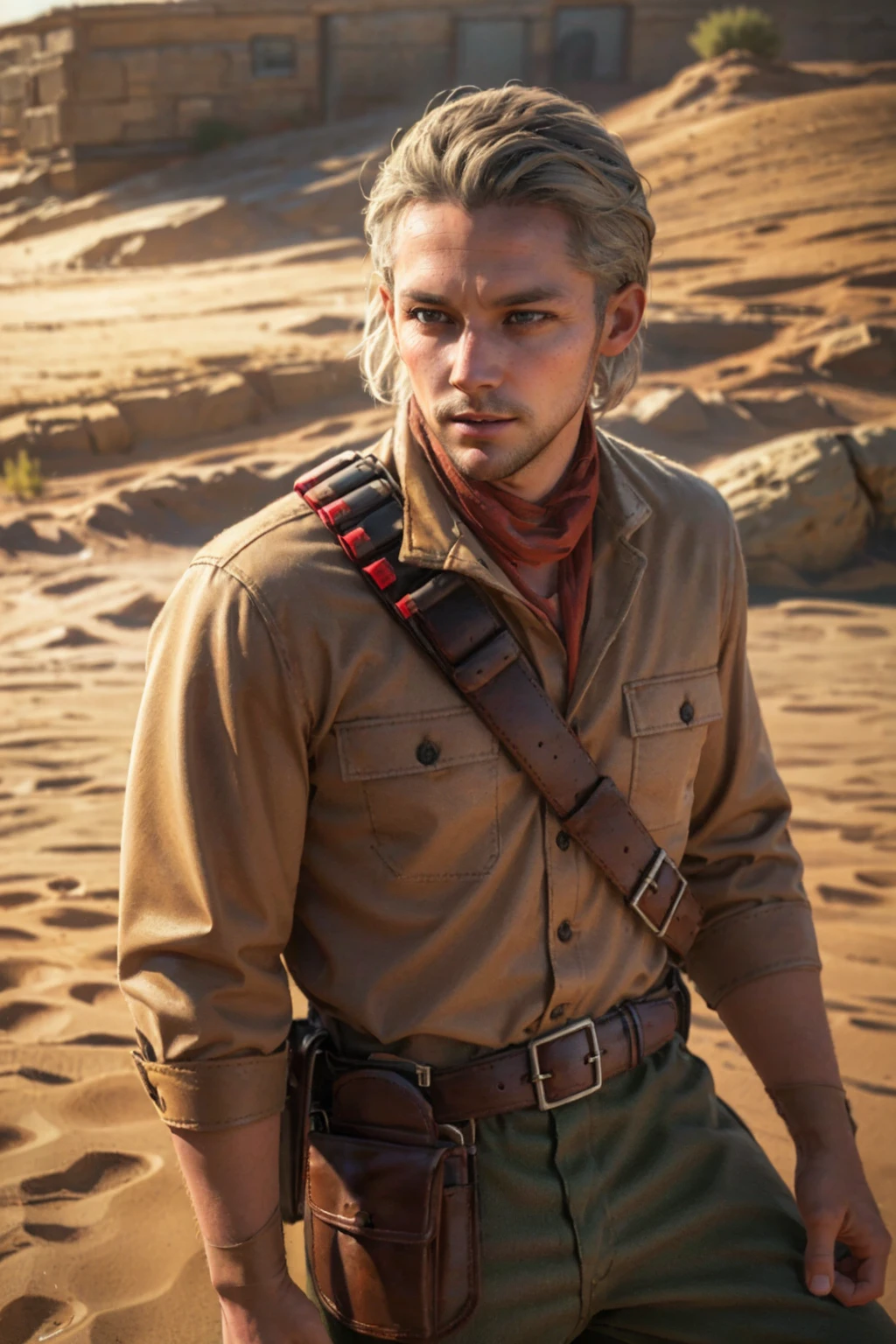 1boy,  solo,  Revolver Ocelot,  40 years old,  grey eyes,  white hair,  stubble,  topless,  shirtless,  dark brown canvas pants,  knee-high cowboy boots with spurs,  red gloves,  brown leather bandolier,  belt,  holster,  handsome,  mature,  masculine,  virile,  confidence,  charming,  alluring,  upper body in frame,  (Afghanistan desert:1.3),  sky,  perfect anatomy,  perfect proportions,  8k,  HQ,  (best quality:1.5,  hyperrealistic:1.5,  photorealistic:1.4,  madly detailed CG unity 8k wallpaper:1.5,  masterpiece:1.3,  madly detailed photo:1.2),  (hyper-realistic lifelike texture:1.4,  realistic eyes:1.2),  high_resolution,  picture-perfect face,  perfect eye pupil,  detailed eyes,  perfecteyes,  perfecteyes,  dutch angle,  dynamic