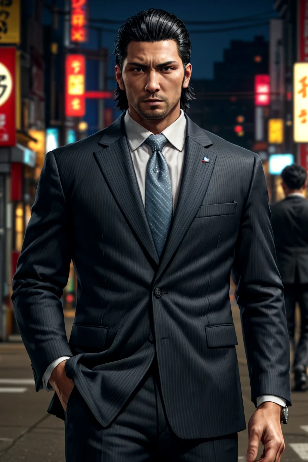 (1 image only),  solo male,  1boy,  Daigo Dojima,  Yakuza,  34 years old,  Asian,  Japanese,  black hair,  short hair,  slicked back hair,  stubble,  handsome,  white collared shirt,  (black suit jacket:1.4),  black necktie,  fit body,  mature,  manly,  hunk,  masculine,  virile,  confidence,  charming,  alluring,  upper body in frame,  night at Kabukicho Tokyo,  perfect anatomy,  perfect proportions,  8k,  HQ,  (best quality:1.5,  hyperrealistic:1.5,  photorealistic:1.4,  madly detailed CG unity 8k wallpaper:1.5,  masterpiece:1.3,  madly detailed photo:1.2),  (hyper-realistic lifelike texture:1.4,  realistic eyes:1.2),  high_resolution,  picture-perfect face,  perfect eye pupil,  detailed eyes,  perfecteyes,  perfecteyes,  dutch angle,<lora:EMS-498-EMS:0.400000>,<lora:EMS-283543-EMS:0.600000>,<lora:EMS-67980-EMS:0.300000>