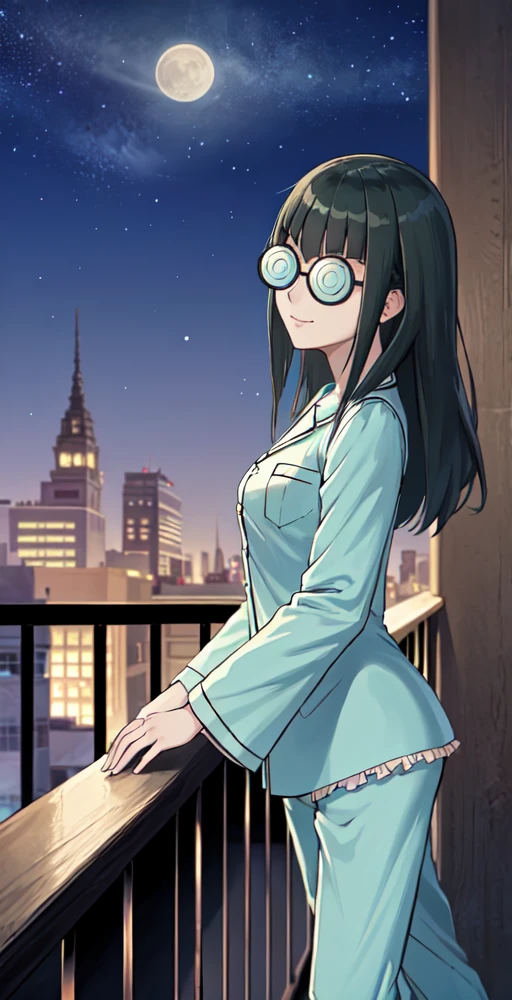 CC, 1girl, solo, smile, on balcony, leaning over rail, glasses, frill pajamas, night sky, stars, moon, perfect quality, good quality, masterpiece, HDR, UHD <lora:Carly Carmine:0.7>