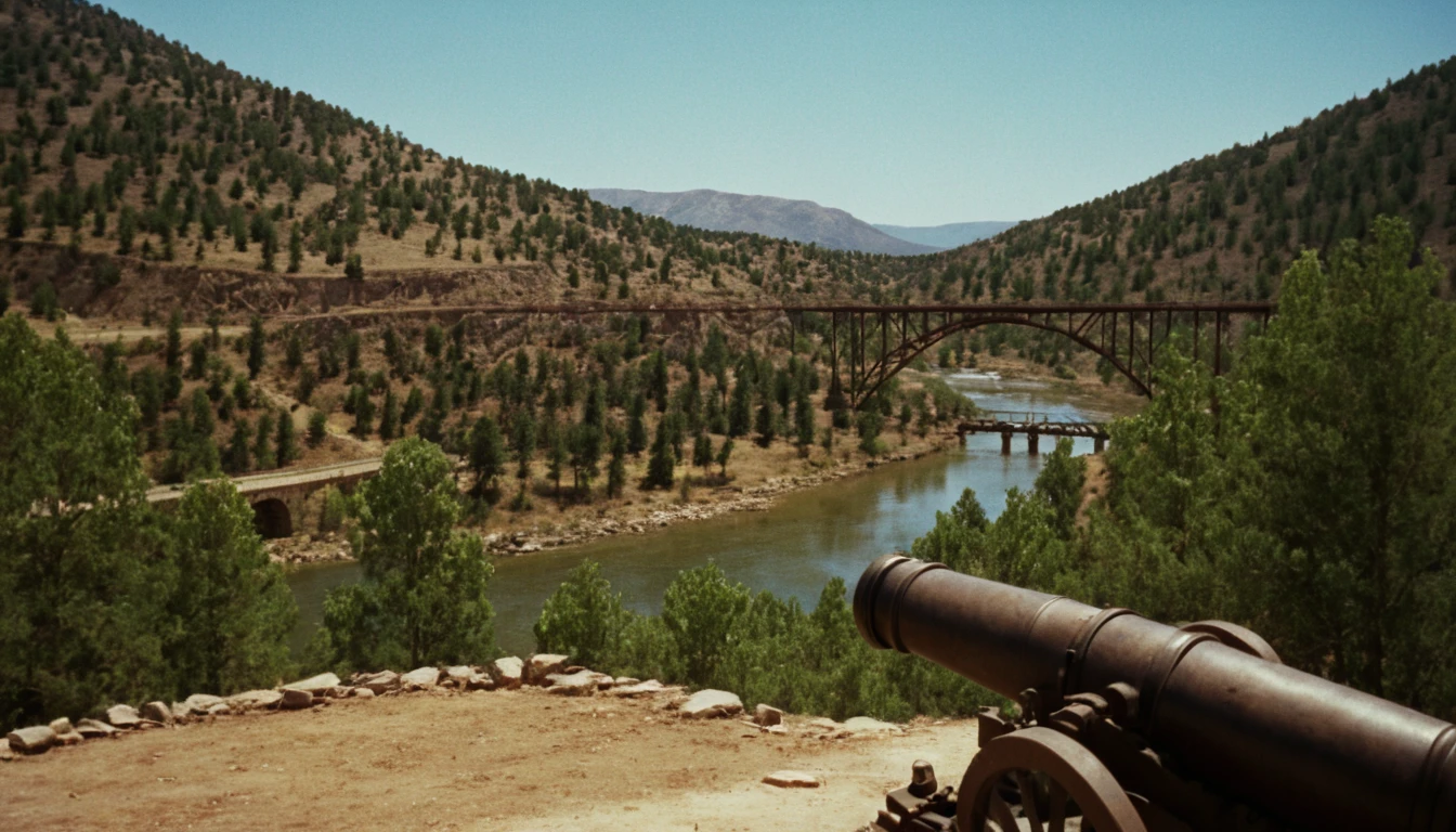 spaghetti-western movie still,
cannon overlooking valley, bridge, river, trees, mountains, blue sky,
saturated color, color graded, high budget, shot on technicolor, 35mm photo,