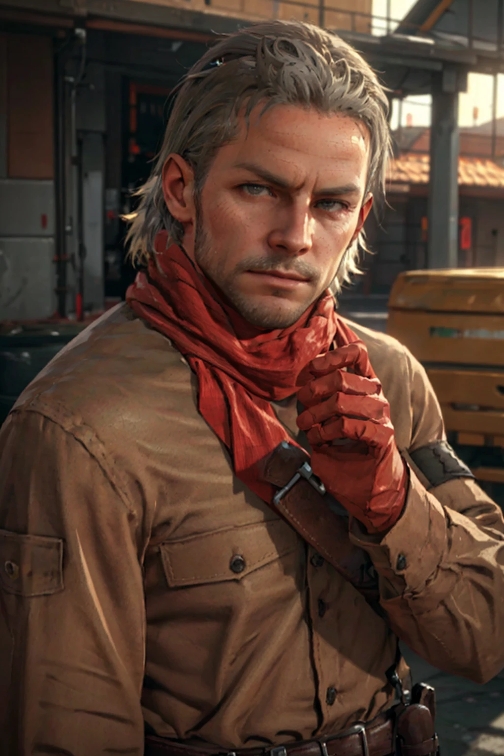 1boy,  solo,  Revolver Ocelot,  Metal Gear Solid,  40 years old,  grey eyes,  white hair,  stubble,  red linen scarf,  utility shirt,  long sleeves,  dark brown canvas pants,  knee-high cowboy boots with spurs,  red gloves,  brown leather bandolier,  belt,  holster,  handsome,  mature,  masculine,  virile,  confidence,  charming,  alluring,  upper body in frame,  Metal Gear Solid location,  perfect anatomy,  perfect proportions,  8k,  HQ,  (best quality:1.5,  hyperrealistic:1.5,  photorealistic:1.4,  madly detailed CG unity 8k wallpaper:1.5,  masterpiece:1.3,  madly detailed photo:1.2),  (hyper-realistic lifelike texture:1.4,  realistic eyes:1.2),  high_resolution,  picture-perfect face,  perfect eye pupil,  detailed eyes,  perfecteyes,  perfecteyes,  dutch angle,  cowboy shot,<lora:EMS-498-EMS:0.400000>,<lora:EMS-285147-EMS:0.700000>