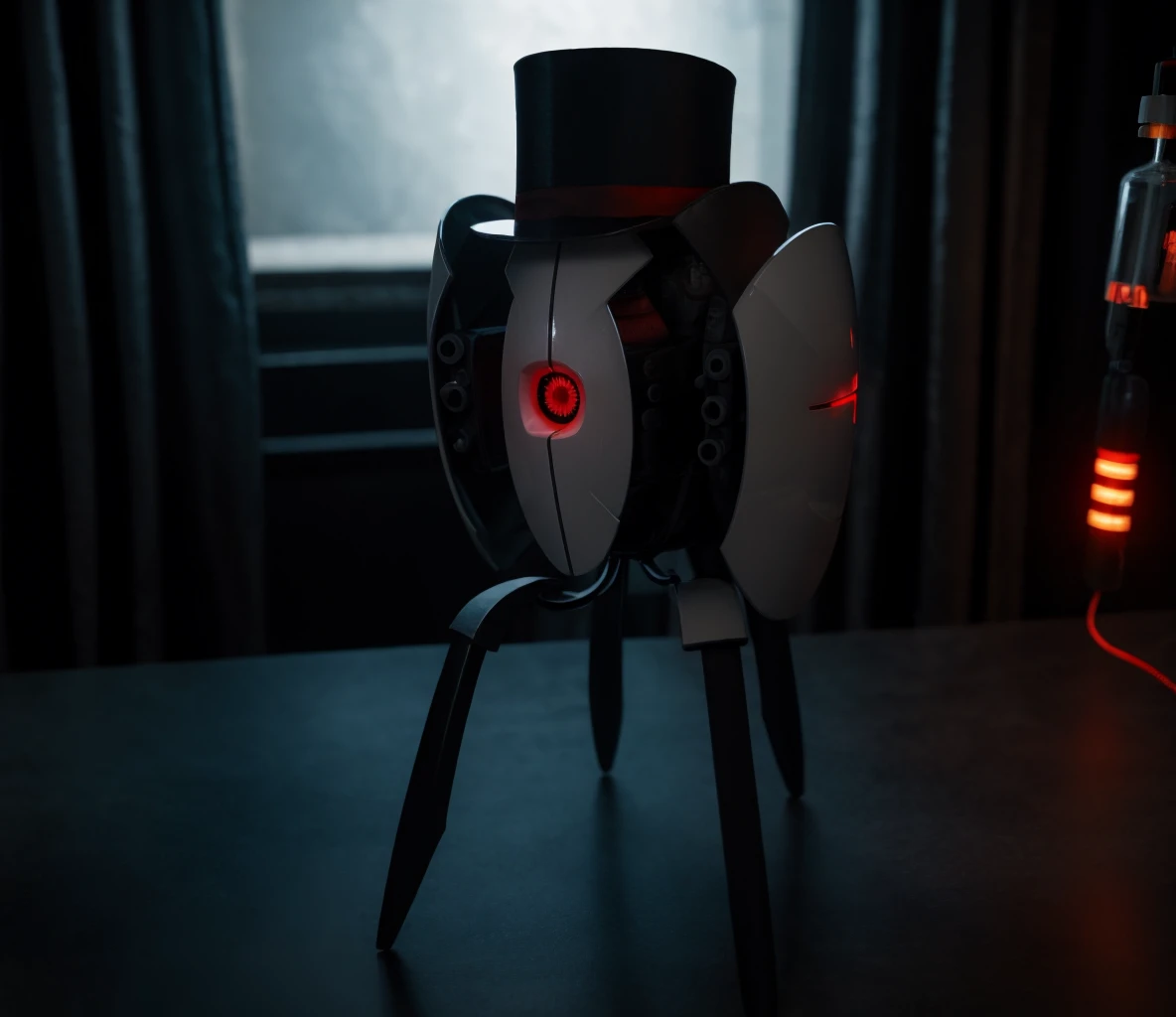 dark theme, portal_turret, top hat, red eyes, glowing, cable, one-eyed, non-humanoid robot, solo, laboratory, <lora:portal_turret-09:1> <lora:LowRA:0.4>  <lora:epi_noiseoffset2:0.8>