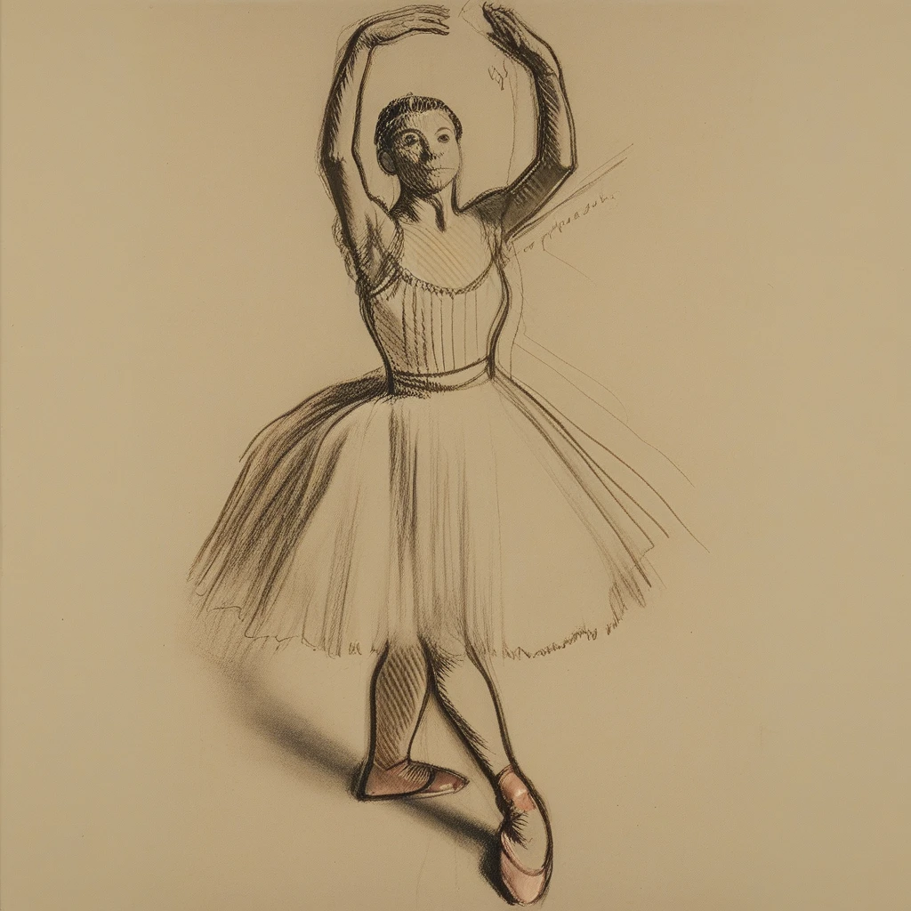 <lora:rough_sketch_xl_v2:1> rough sketch of a ballerina posing with one arm up in a studio