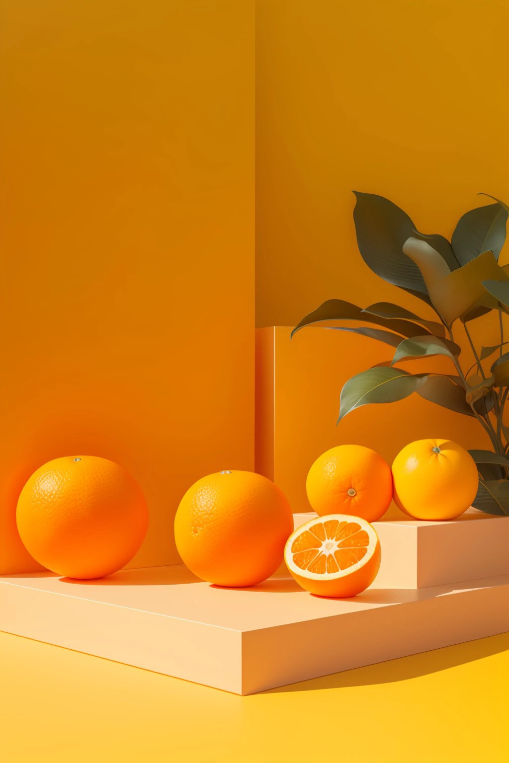 masterpiece, high quality, square product stand, yellow and orange theme, plant and oranges, J_showcase , <lora:aki:0.8>