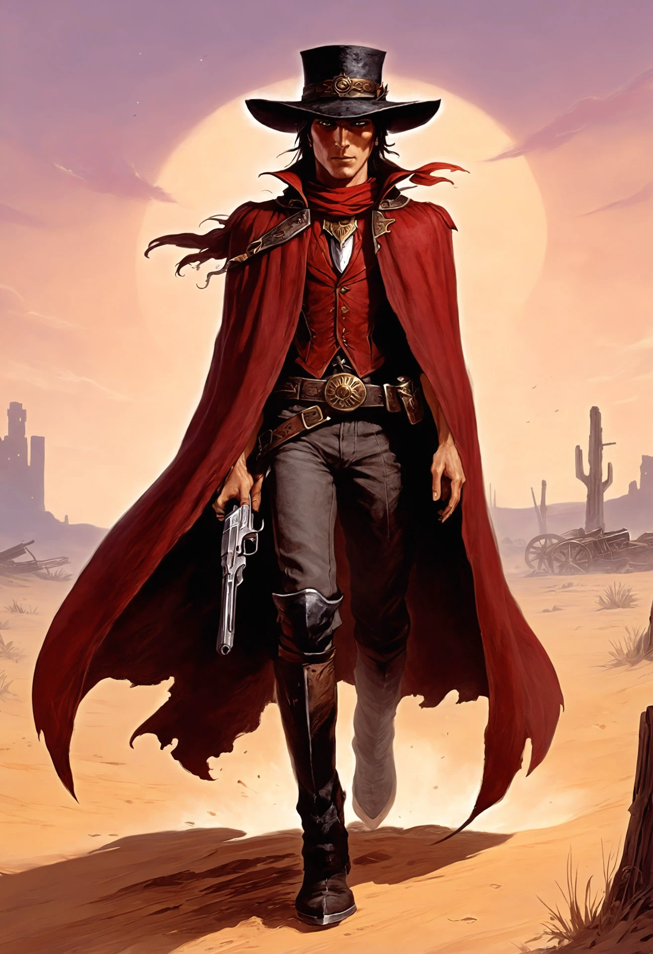 dark fantasy art in a world where the sky bleeds crimson, a lone gunslinger walks through a town abandoned to the sands of time. his cloak flutters in the hot wind, revealing an arsenal of otherworldly weapons. his eyes, hidden beneath a wide-brimmed hat, scan the horizon for the specters that haunt this place.