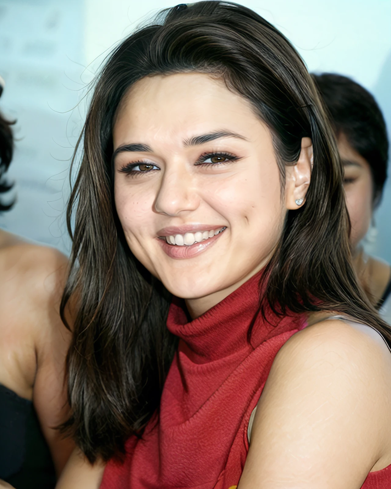 sharp focus photo of a prty woman in a dynamic pose, laughing, wearing elegant high-neck colorful sleeveless turtleneck, looking at camera, perfect hands and fingers, simple white background,   <lora:prty_Preity_Zinta_SD15_LoRA_prodigy_local_regs:1>