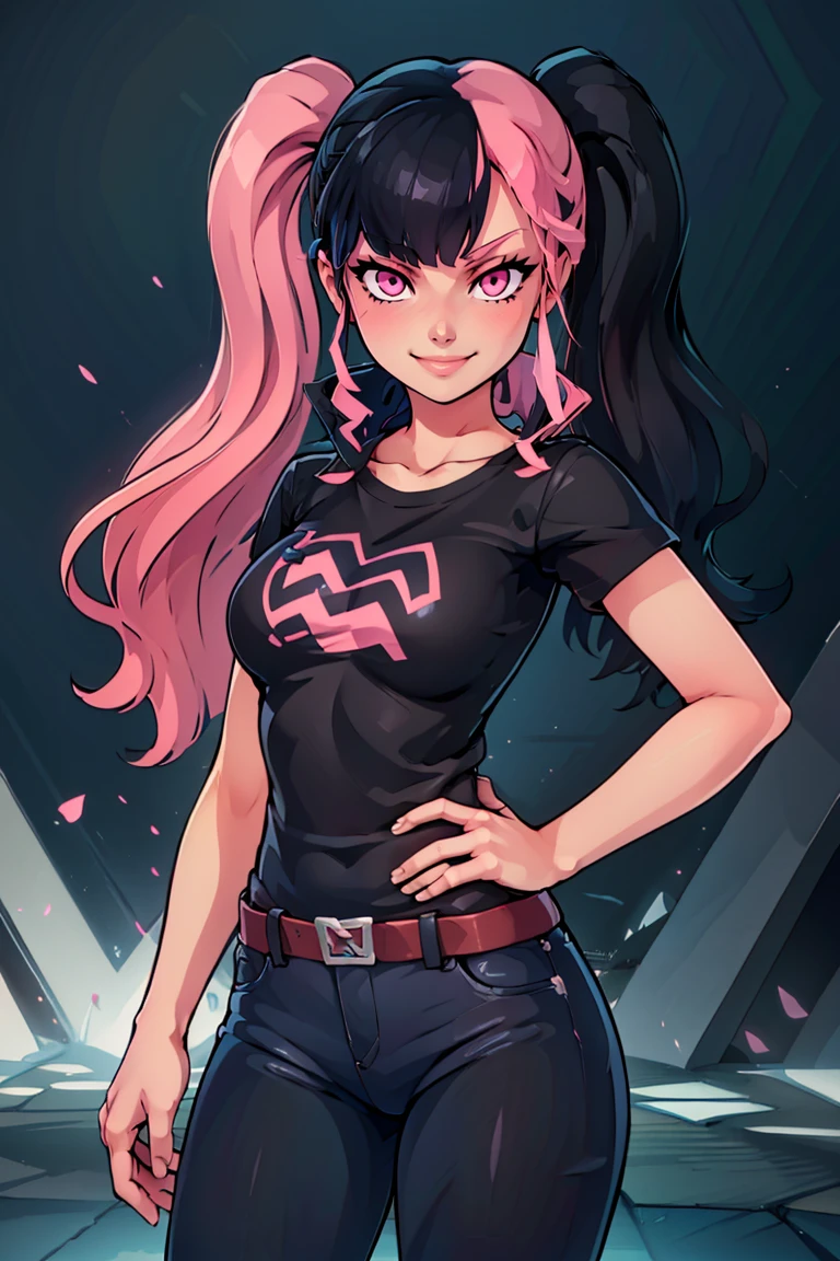 ((masterpiece,best quality)), absurdres, <lora:Zoe_Rayne_Palworld:0.8>, Zoe_Rayne, 1girl, solo, pink eyes, twintails, long hair, black shirt, denim jeans, solo, hand on hip, smug, smile, looking at viewer, cowboy shot