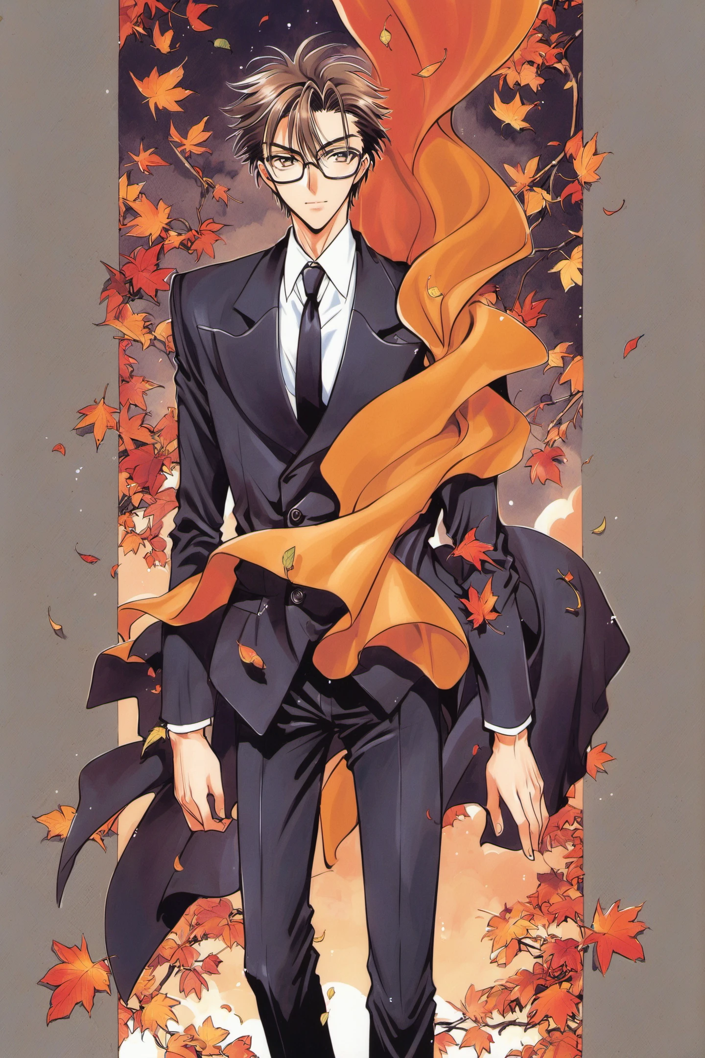 X,1boy,Seiichiro Aoki, male focus, leaf, solo, formal, suit, necktie, glasses, brown hair, pants, <lora:X_XL:0.8>