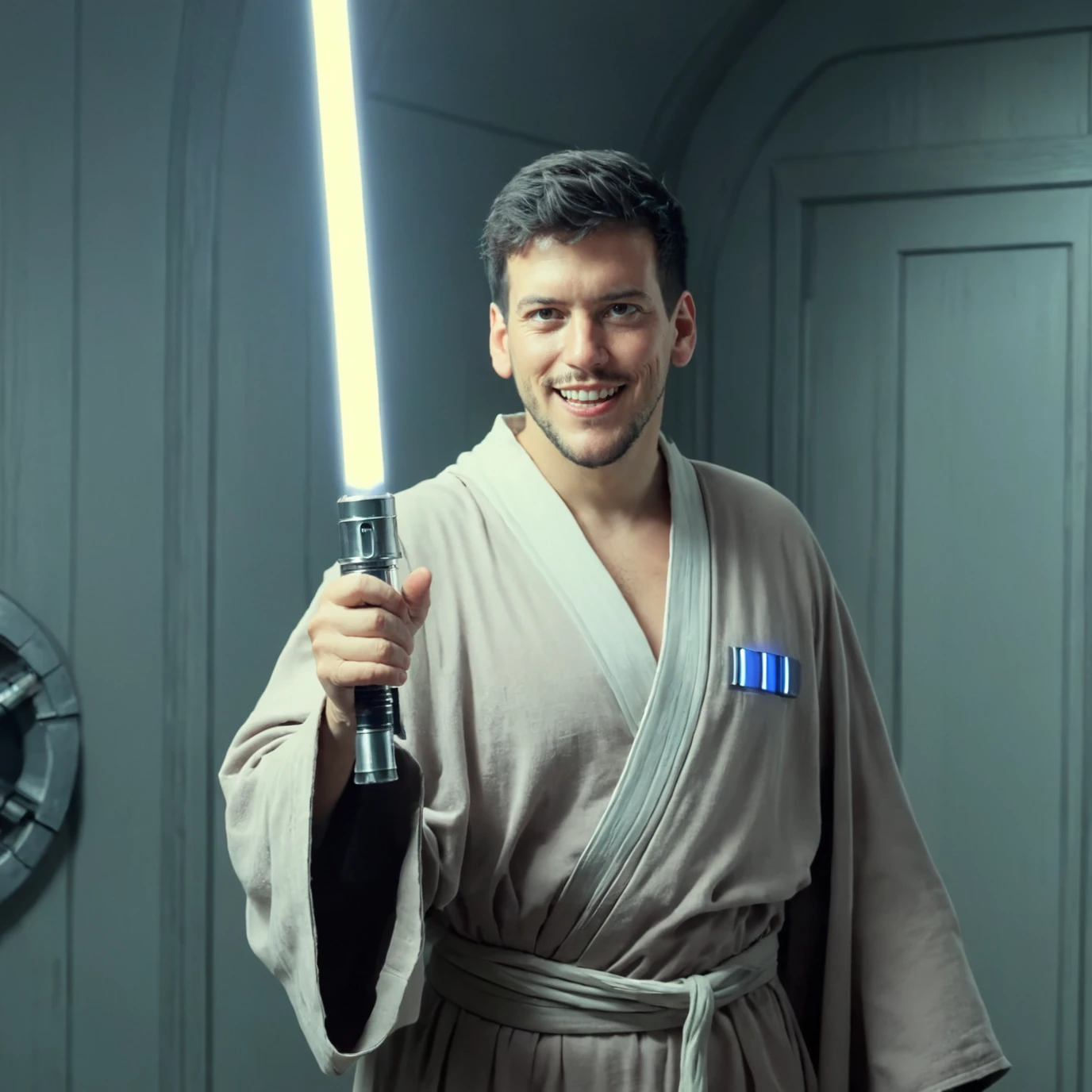 mathp jason ritter star wars jedi in death star with a lightsaber in hand and a jedi robe , cinematic, dark light, deep shadows, HDR, spaceship interior, scifi, linen, <lora:Cinematic Vintage Hollywood Film Style:1> <lora:mathp_jason_ritter_high:1>