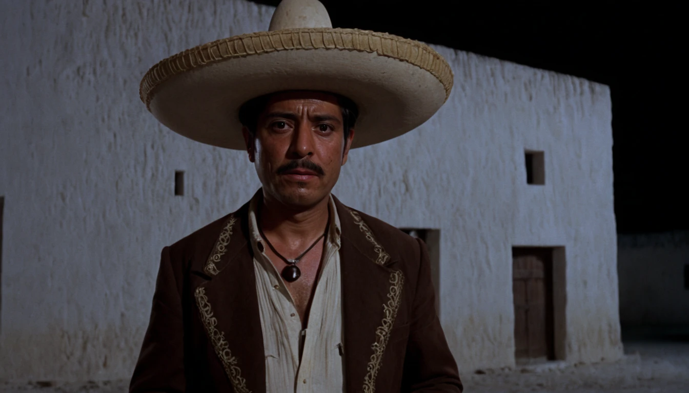 spaghetti-western movie still,

one mexican man wearing sombrero, in town, white limestone walls, night, dark,

high budget, shot on technicolor, 35mm photo,