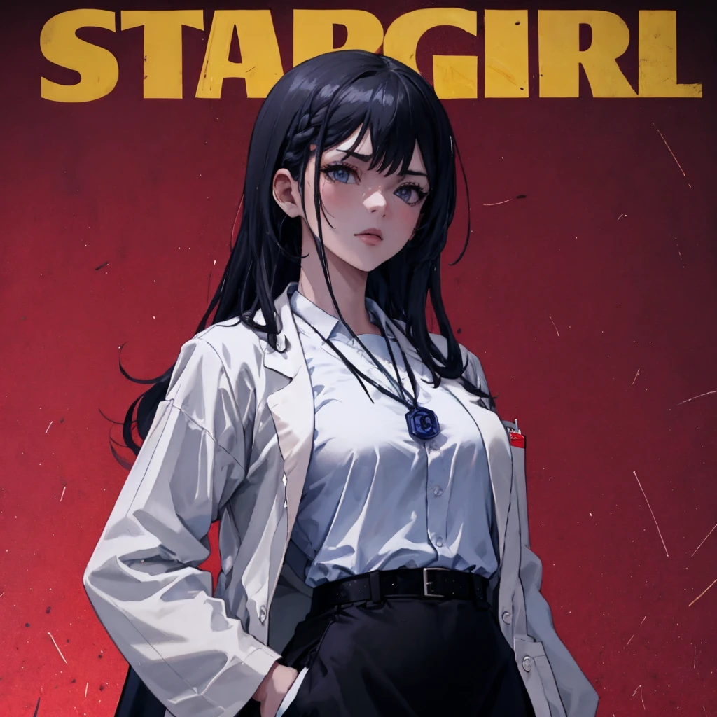 red background, monochrome, 1girl, civitai-chan, braided bangs, labcoat, shirt, shirt tucked in, single vertical stripe, black skirt, pencil skirt, pantyhose, necklace, belt, parody, solo, looking at viewer, <lora:star_boy-10:1.1> <lora:gijinkaseries_civitai:0.5>