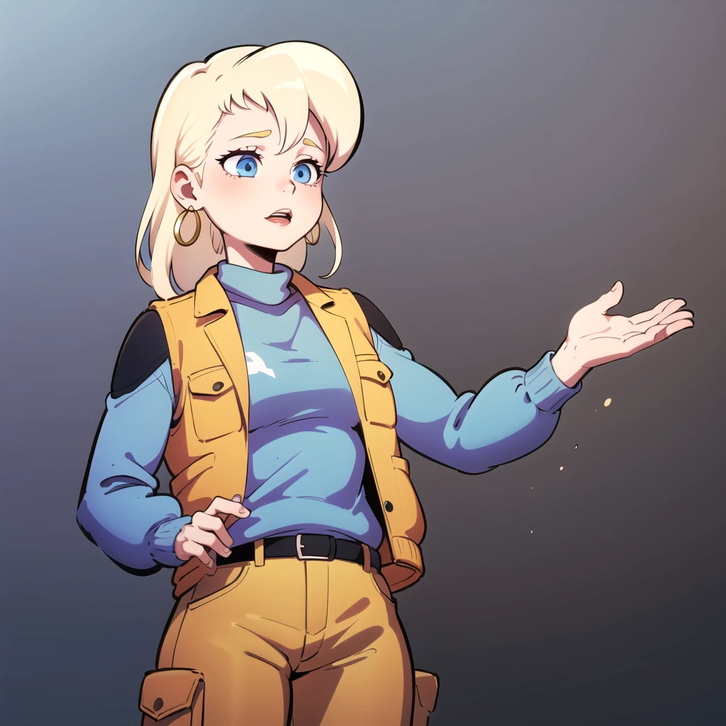 solo, solo focus,1girl,  blonde hair, blue eyes, max mom, lipstick, turtleneck, vest, drop earrings, cargo pants,  <lora:MaxMom_MightyMax_Leaf2:0.6>, cowboy shot, simple background, gradient background,