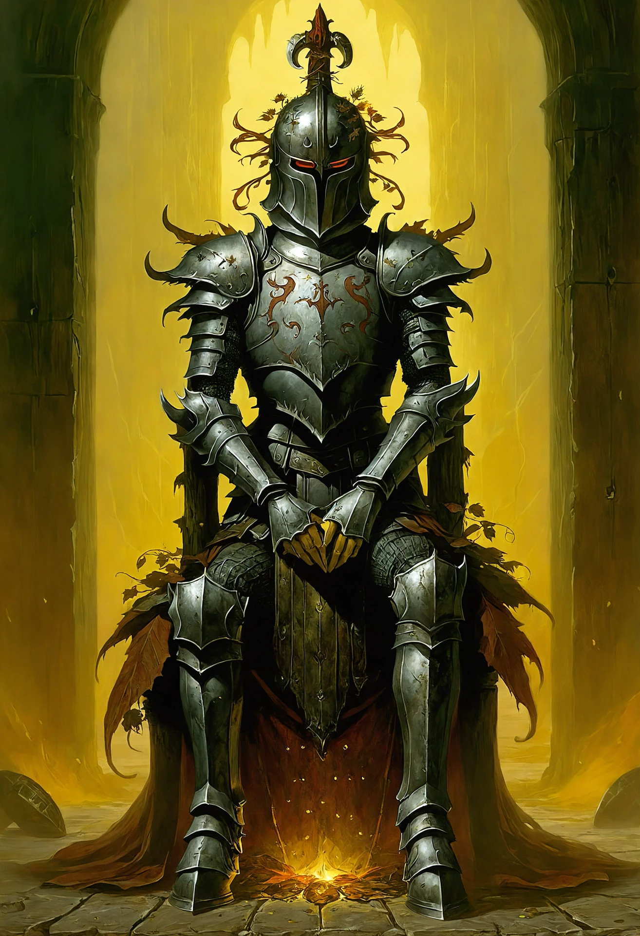 dark fantasy art a knight clad in tarnished armor, perched atop a decrepit throne in a vast, deserted hall. his helmet hides his face, leaving only glowing red eyes visible. the throne is entwined with thorny vines, and the air is thick with mist.