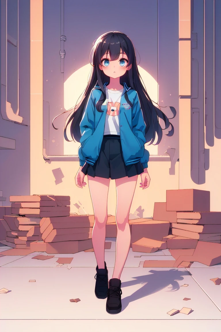 (best quality, masterpiece, hires), <lora:Marco_-_Marco_and_the_Galaxy_Dragon:0.8>, Marco, 1girl, blue jacket, black hair, long hair, full body, skirt, white t-shirt, dot eyes, <lora:hyperrefiner_v090:0.8>