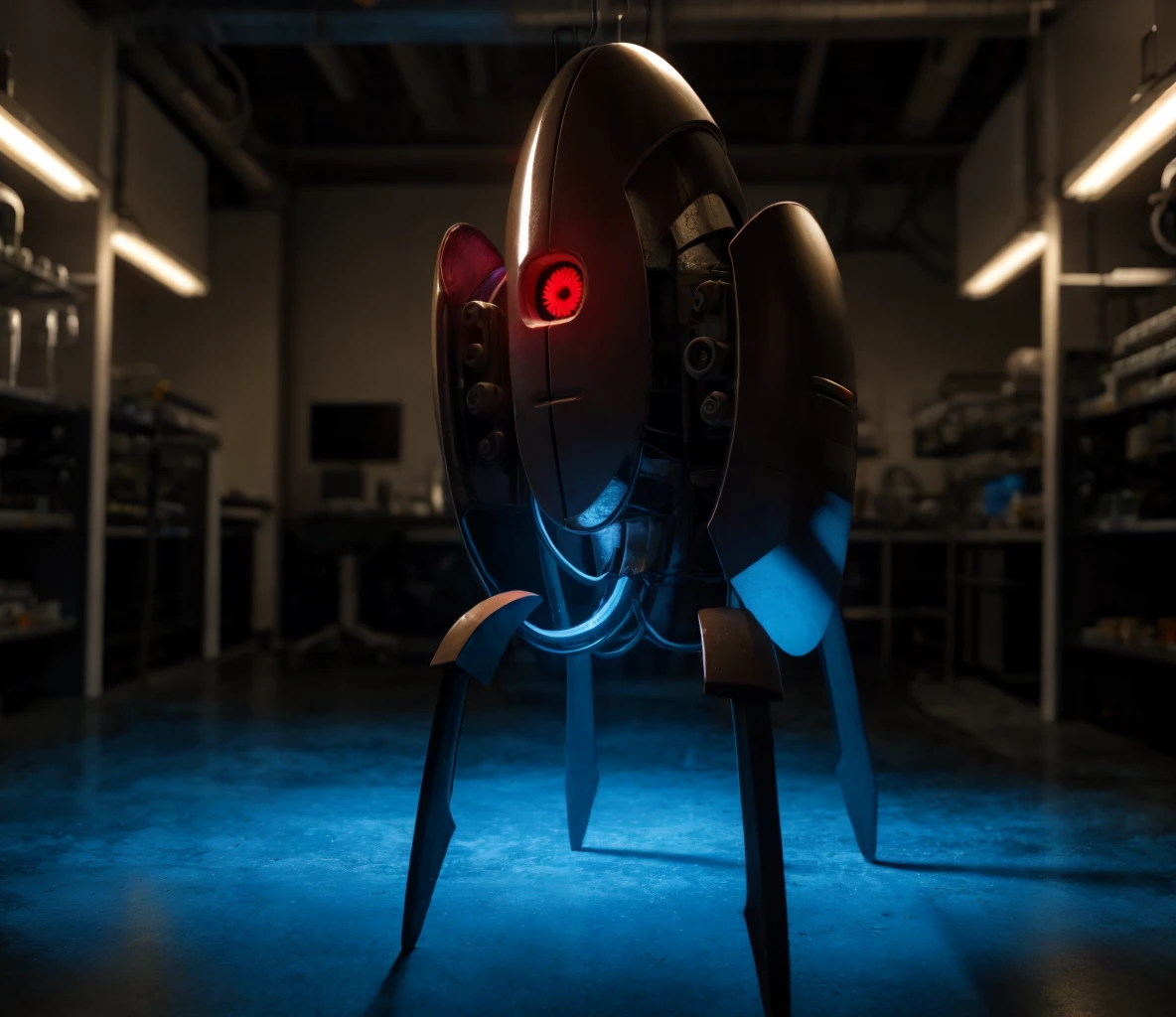dark theme, portal_turret, red eyes, glowing, energy sword, cable, one-eyed, non-humanoid robot, solo, laboratory, <lora:portal_turret-09:1> <lora:LowRA:0.4> <lora:epi_noiseoffset2:0.8>
