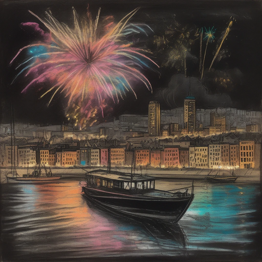 <lora:rough_sketch_xl_v2> rough sketch of a boat sailing in front of a cityscape at night with fireworks in vibrant colors overhead, textured shading with chalk, black background