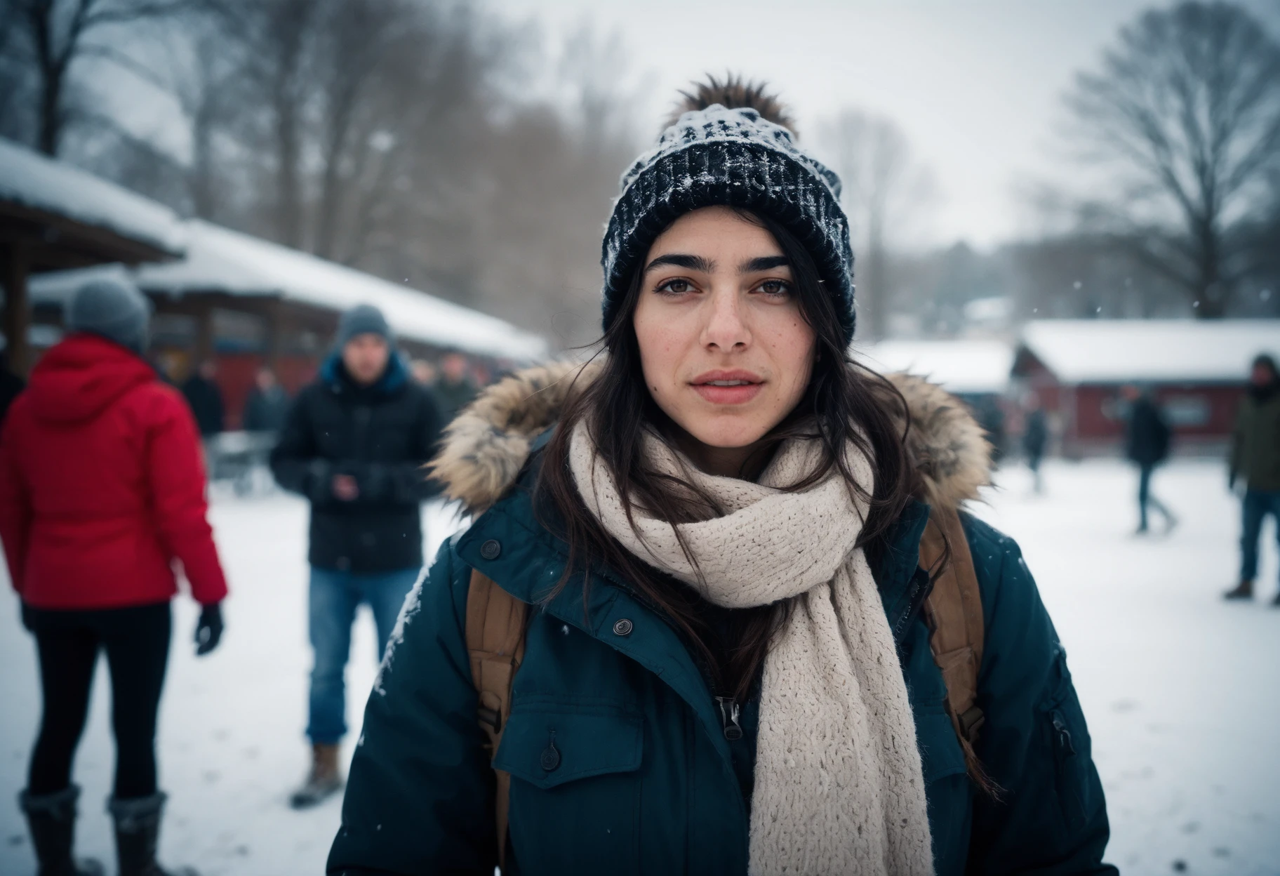 cinematic film still (ohwx woman:1.3) as a female character in a post apocalyptic videogame, in a snowball fight in a ??? park during winter, snowing ,<lora:cascina_db128_v1_Lora:1.05> . shallow depth of field, vignette, highly detailed, high budget, bokeh, cinemascope, moody, epic, gorgeous, film grain, grainy