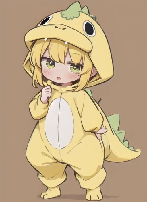 (yellow-dinosaur-costume:1) 1girl solo cute <lora:dinosaurCostume:.9> dc1 simple-background chibi full-body