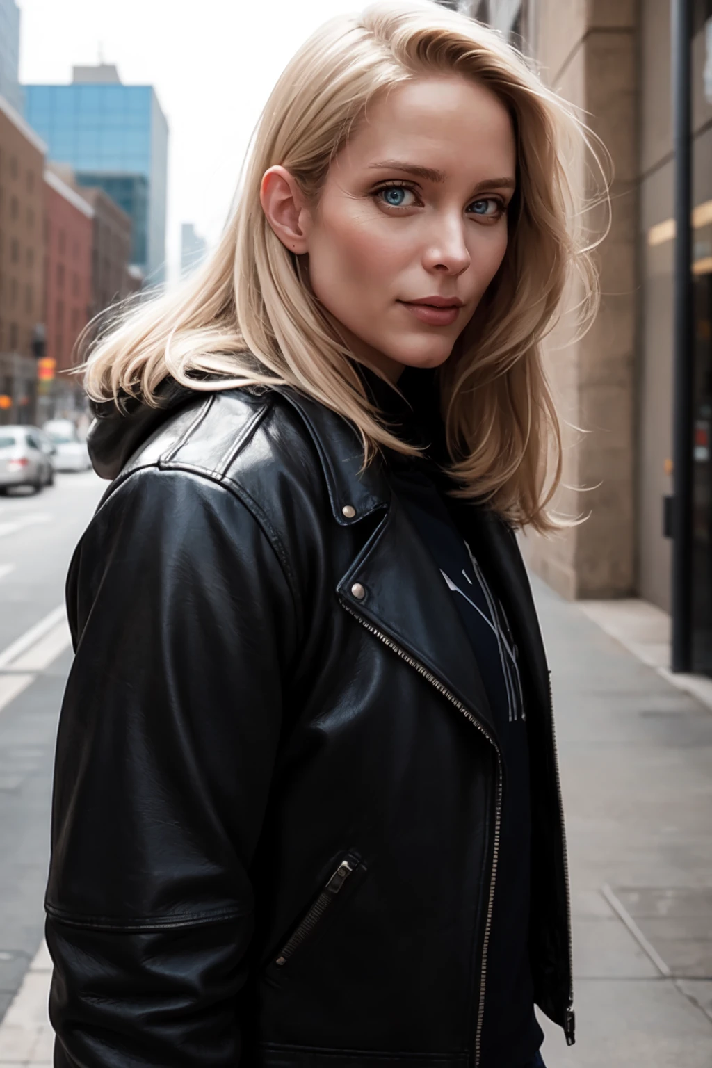 <lora:mondongo_LoRA_JaneSibbett:1> mndngwmn, blond hair, (ultra realistic, 8k,high quality),(medium shot), wearing a leather jacket, on a city downtown