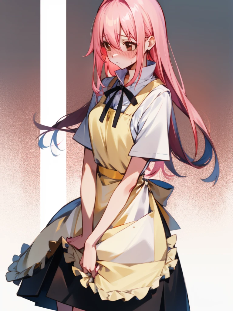 <lora:working-16:1>souta_f, pink hair, long hair, brown eyes, crossdressing, waitress, ribbon, white shirt, black skirt, yellow apron, shy, embarrassed, looking away, masterpiece, best quality