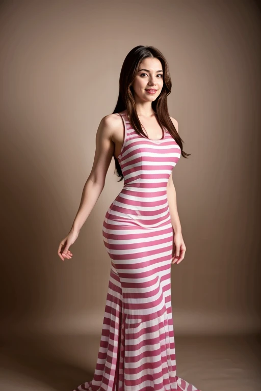 ((Masterpiece, best quality, cinematic lighting, 8k, full body shot, long hair, hour glass body)), (smile:0.85), (realistic background:1.2)
pink striped sleeveless long dress
<lora:Striped_Long_Dress_By_Stable_Yogi:1>