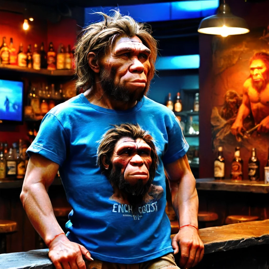 (photorealistic, realistic, raw photo:1.5) and (intricately detailed:1.25), epic, masterpiece, best quality,1 boy wearing a t-shirt, neanderthal man,1girl wearing a dress, neanderthal woman, cyberpunk bar background <lora:xl_more_art-full_v1:0.6>