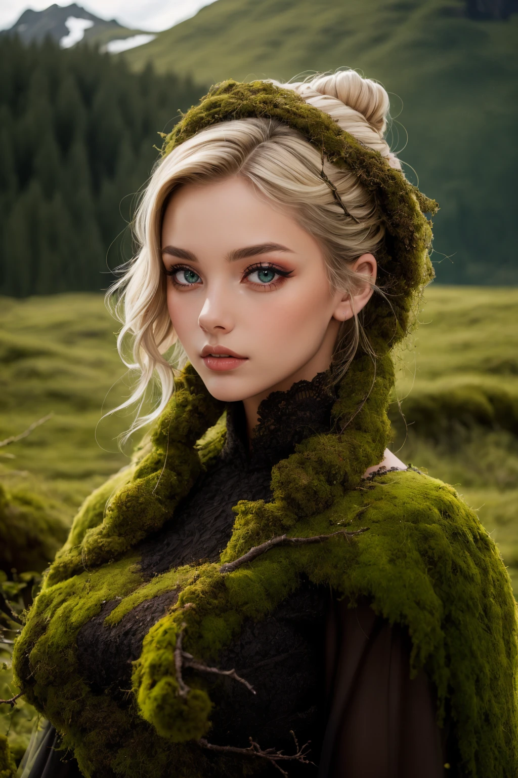 blonde hair, portrait photo, woman wearing m0ss_dr3ss ,elaborate long dress made of moss, twigs, <lora:m0ss_dr3ss-06:0.75>, mountains