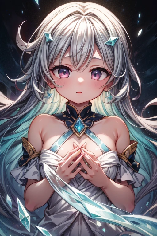 best quality,Epic,highly detail,Illustration,Cover,enigmatic figure,draped in translucent fabric,crystals adorning hair,dreamlike swirl,pastel hues,soft light,evoking calm serenity and elusive beauty,Non-representational,colors and shapes,expression of feelings,imaginative,highly detailed,