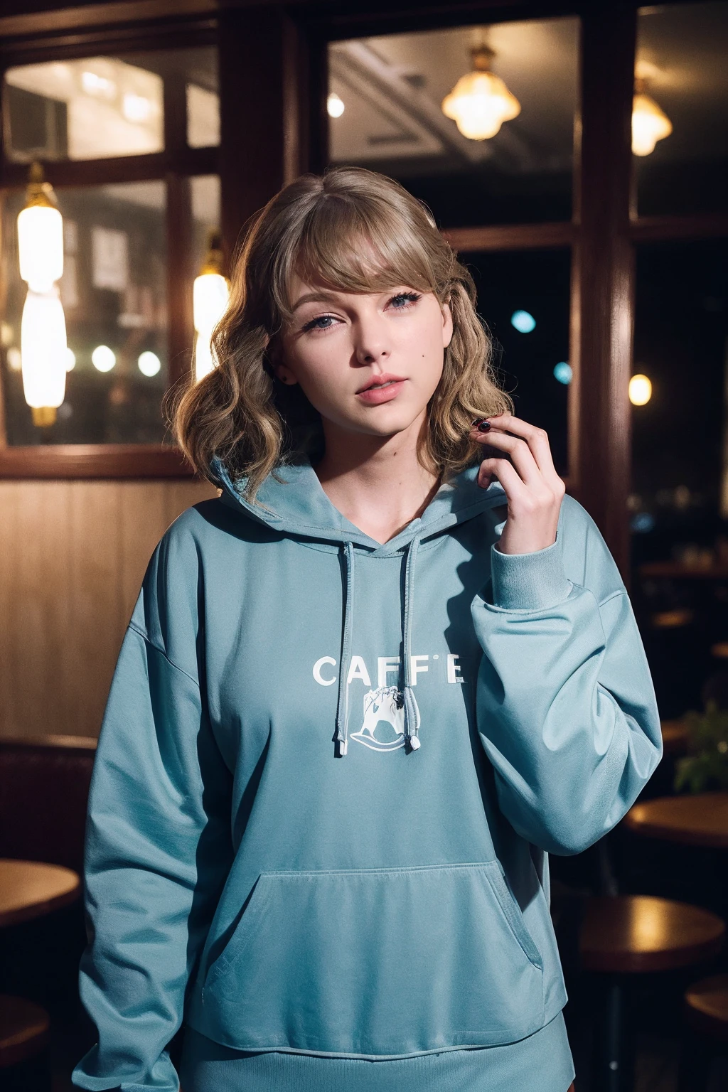 taylorswift, a woman wearing fleece pullover and track pants, cozy café corner, (flash photography:0.5), lipstick <lora:taylorswift:1>