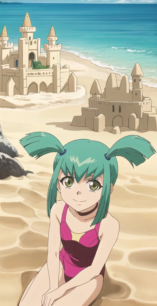 Luna, 1girl, solo, portrait, looking at viewer, smile, twin tails, flat chest, pink swimsuit, sitting on ground, ocean, beach, ((sand castles)), sunny, perfect quality, good quality, masterpiece, HDR, UHD <lora:Luna5ds:0.8>