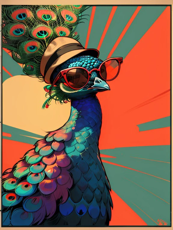 master piece, high quality, A peacock, wear sunglasses and a hat, J_poster <lora:J_poster:0.8>