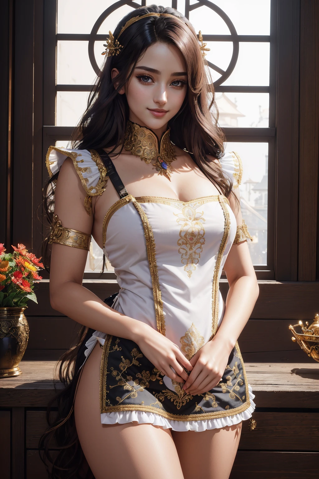 ((masterpiece,best quality,edgQuality)),(smile),standing,posing,
1girl,solo,edgLnF, golden embroidery, pauldrons,wearing edgLnF,edgApron, a woman in a maid apron holding a hair brush ,wearing edgApron
<lora:edgLnFApronsv1:1>
