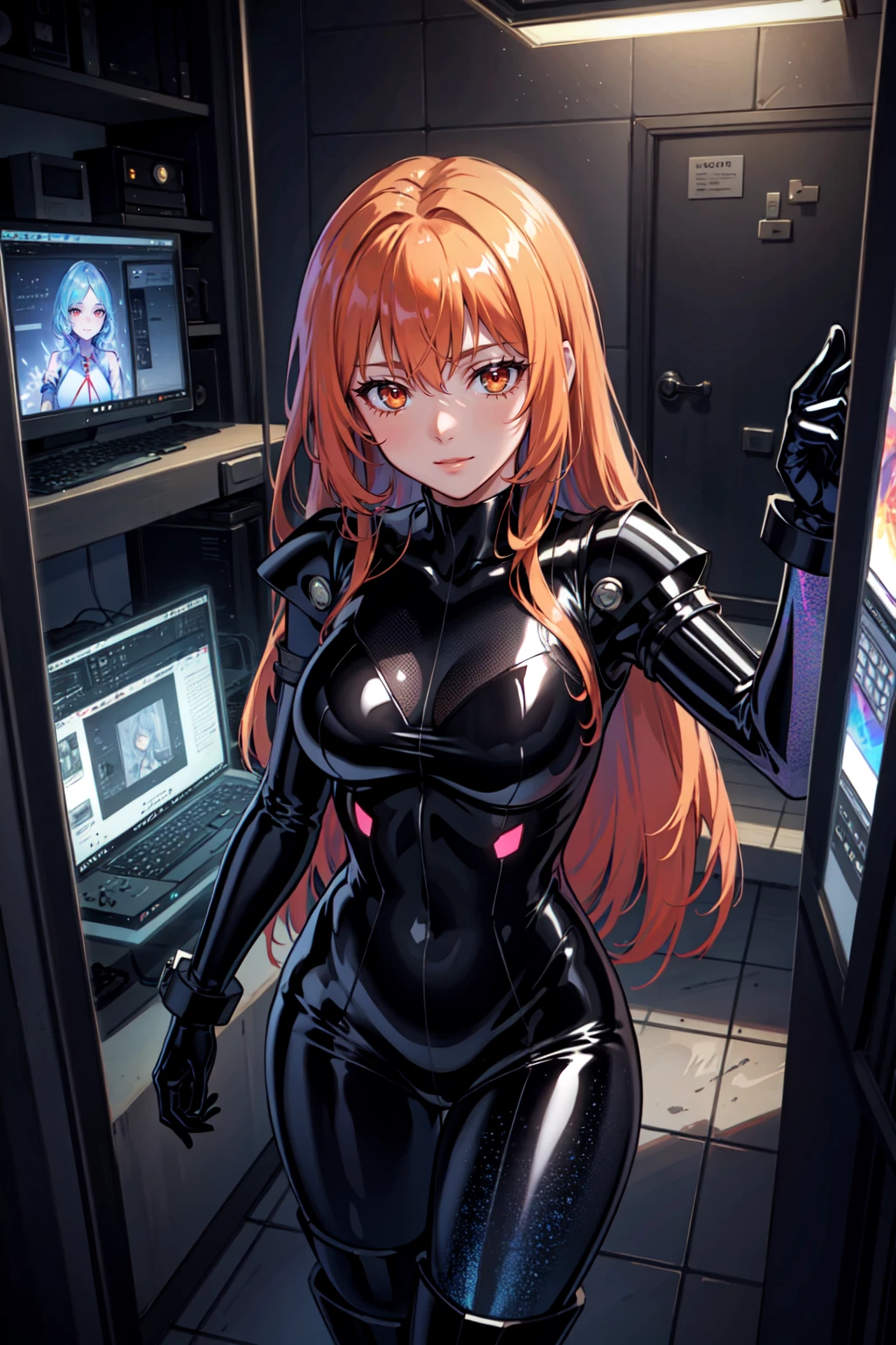 {1girl in},{{{{{masutepiece++, Best Quality++, Ultra-detailed+, 超A high resolution,(Photorealistic:1.4),Raw photo,(Nami)+,(Nami)+,(One Piece NAMI)+,(Onepiece),Orange hair, Girl in black latex full body suit,very aesthetic, Best Quality, absurderes, Brainwashed,}}}}}, ((purple glowing eyes 1.3)), (huge-breasted:1.2)deadpan, laboratory, Darkness Room, (Neon light:1.2), (Night:1.5), stand up and salute