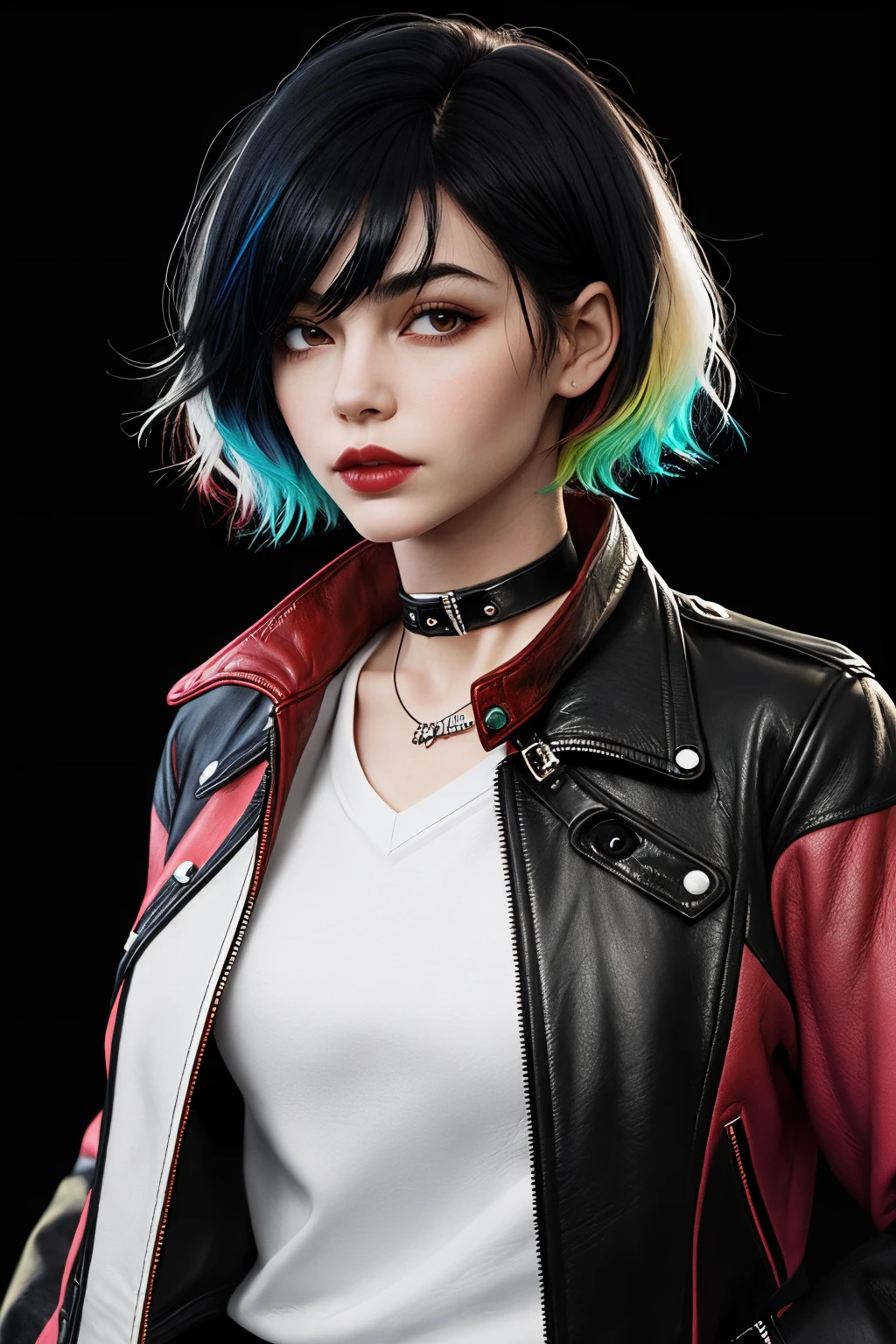<lora:cervine-v2:0.8>,
Very cool,1girl,solo,black hair,leather,multicolored hair,Red gradient hair,gloves,looking at viewer,leather jacket,realistic,short hair,jacket,jewelry,red hair,ring,black eyes,choker,white background,simple background,lips,white gloves,black jacket,single glove,two-tone hair,upper body,