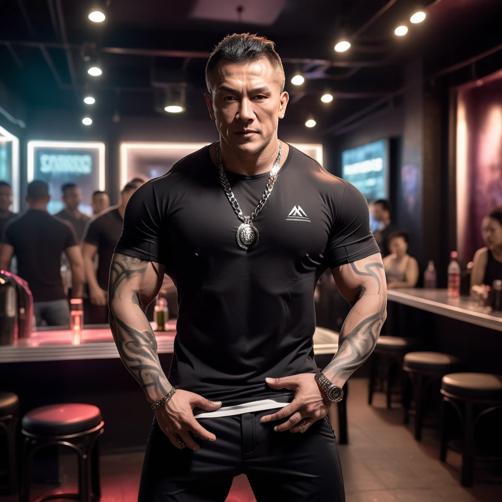 A muscular man in a realistic style,He is wearing a black top and a shining silver necklace. Behind him, blurred figures and what may be interpreted as a nightclub setting suggest an environment of social activity. <lora:kanzon2.0:0.8>