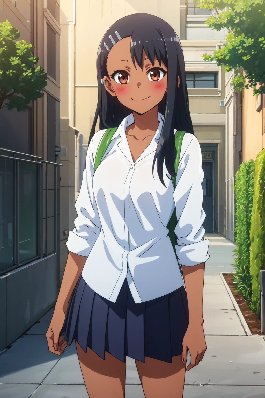 <lora:anime_screencap_v2:0.3> tall body, tall, long legs, mature female, mature, adult, <lora:GoodHands-beta2:1.4>,
 <lora:eft_nagatoro_main-02:0.8> Eft_Nagatoro_Main, nagatoro hayase, 1girl, blush, solo, shirt, black hair, bag, brown eyes, hair ornament, looking at viewer, hairclip, outdoors, backpack, smile, long hair, white shirt, dark-skinned female, dark skin, school uniform, bangs, day, skirt, collared shirt, collarbone, earclip, sleeves rolled up, closed mouth, tree, asymmetrical bangs, upper body