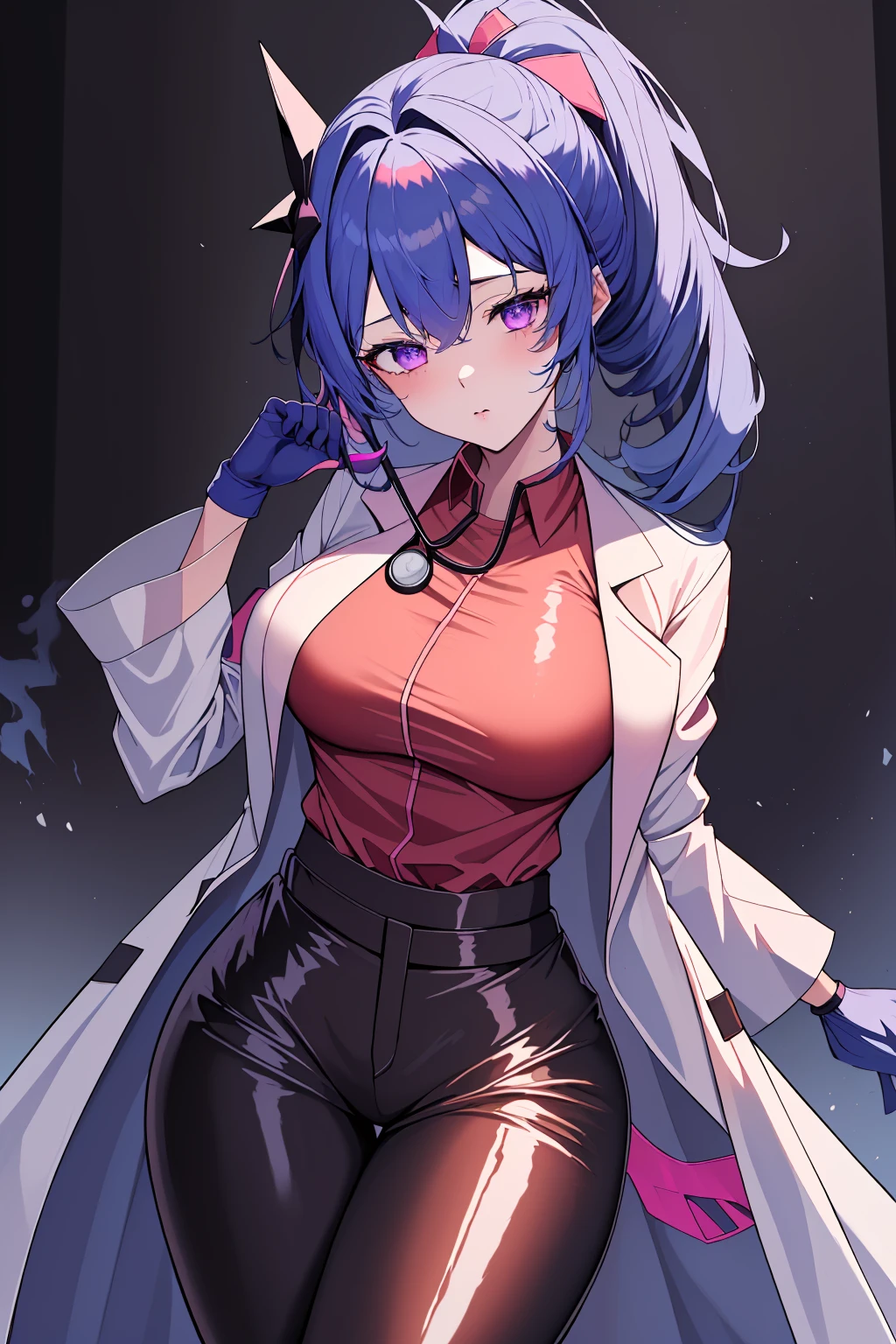 ((masterpiece, best quality, high quality)),1girl,<lora:infirmary_v0.1:0.5> (infirmary),<lora:brwn_doctor_uniform:0.8> (bwn_doc_unif, blue gloves, pink shirt, labcoat, stethoscope,latex pants), <lora:Valerie Kato:0.7> (valerie kato, ocg:0002, 1girl, blue hair, bangs, purple eyes, nail polish, red nails, folded ponytail, large breasts),